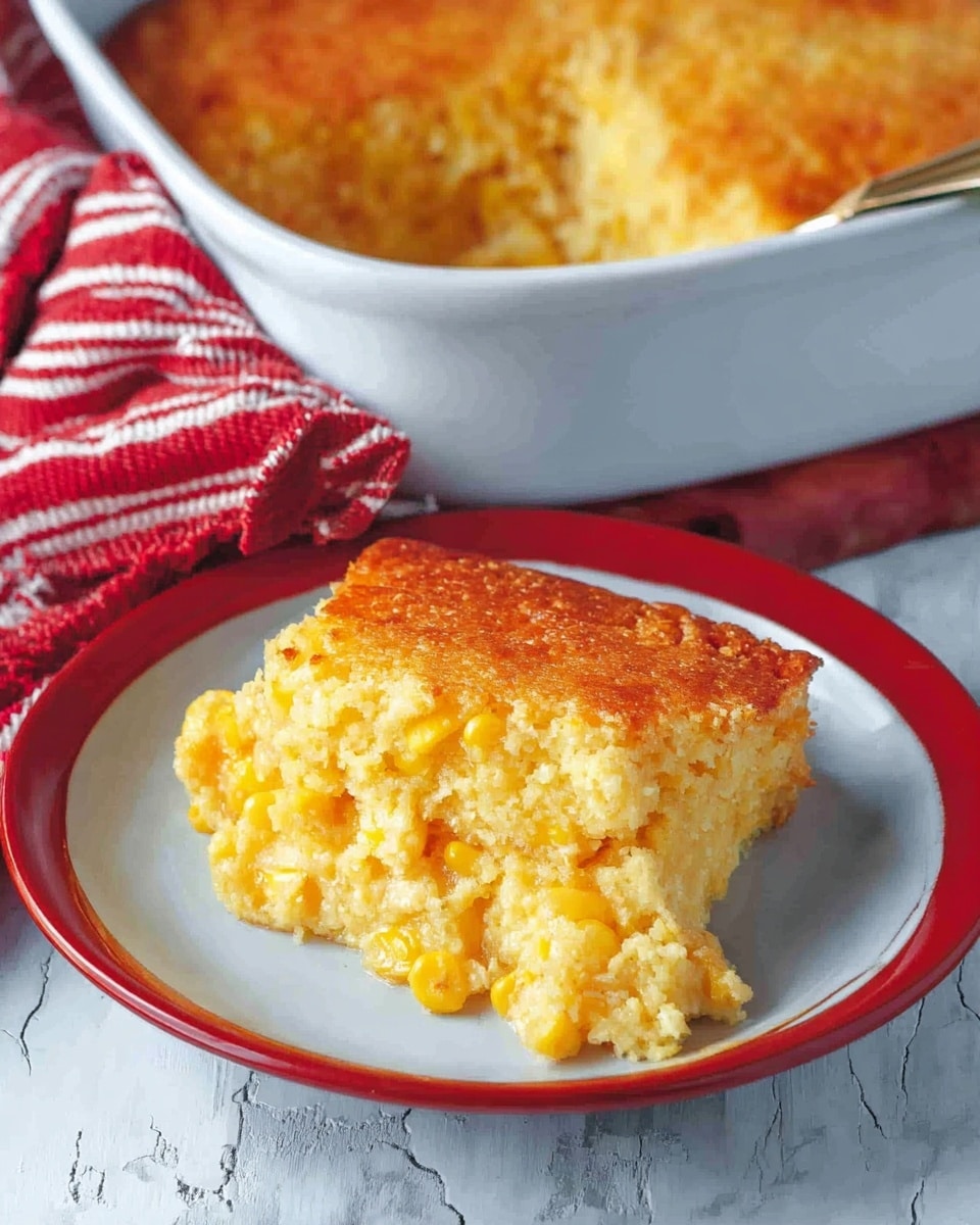 The image shows a slice of creamy corn casserole served on a white plate with a red rim, placed on a white marbled surface. The casserole has two visible layers: a golden, slightly crispy, browned top crust and a thick, soft, and moist corn filling with pieces of corn throughout. The casserole dish, also white with a red rim, is partially visible beside the plate, showing the remaining creamy corn mixture with the same golden crust. Next to the dish is a red and white striped cloth adding a cozy touch. photo taken with an iphone --ar 4:5 --v 7