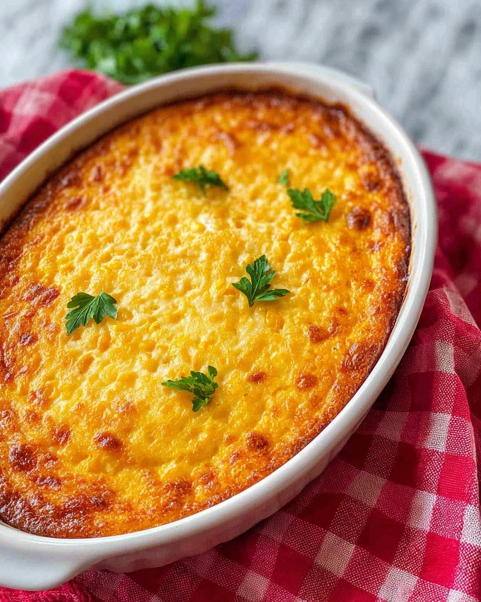The dish is a baked casserole with a golden-brown, slightly crispy top layer speckled with a few small green parsley leaves for garnish. The top layer has a textured, slightly bubbly surface, showing a well-cooked, cheesy or corn-based crust. It is served in a white, oval-shaped ceramic dish that contrasts with the deep red checkered cloth beneath it, all set against a white marbled surface. Photo taken with an iphone --ar 4:5 --v 7