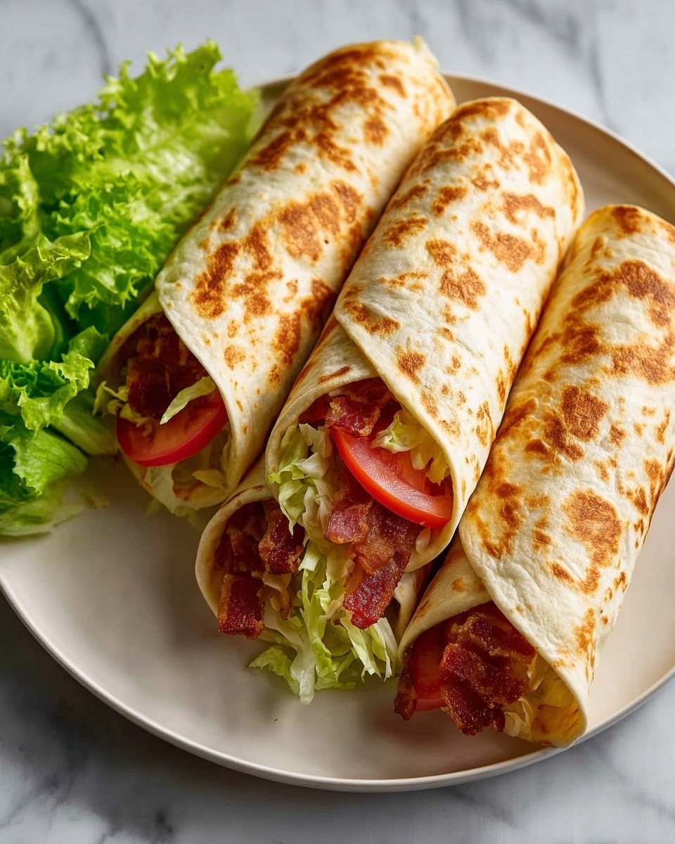 Three tightly wrapped tortillas with a golden brown toasted pattern sit stacked side by side on a white plate. Each tortilla wrap reveals layers inside, starting with crispy, reddish-brown bacon strips, followed by light green shredded lettuce and bright red tomato slices, all visible at the open end. A small pile of fresh, leafy green lettuce is placed on the side of the plate. The plate rests on a white marbled surface. Photo taken with an iphone --ar 4:5 --v 7