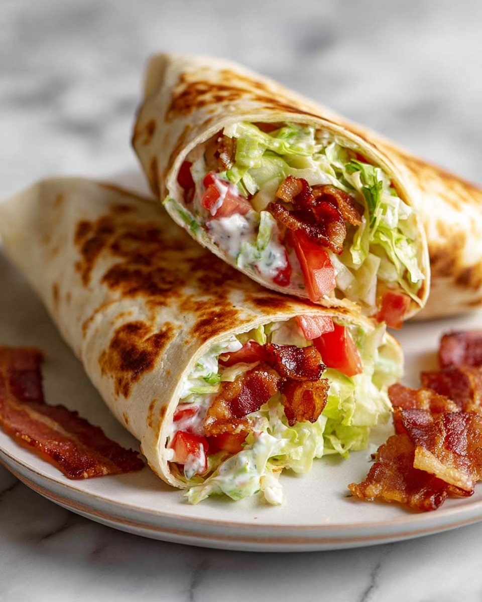 Two halves of a toasted wrap lay on a white plate, each filled with several layers: the first layer is crispy brown bacon, followed by red diced tomatoes, then shredded light green lettuce, and a creamy white sauce that lightly coats the inside of the wrap. The wrap itself is golden brown with darker toasted spots scattered across its surface. A small piece of bacon and some lettuce are placed on the plate next to the wraps. The plate rests on a white marbled surface. photo taken with an iphone --ar 4:5 --v 7