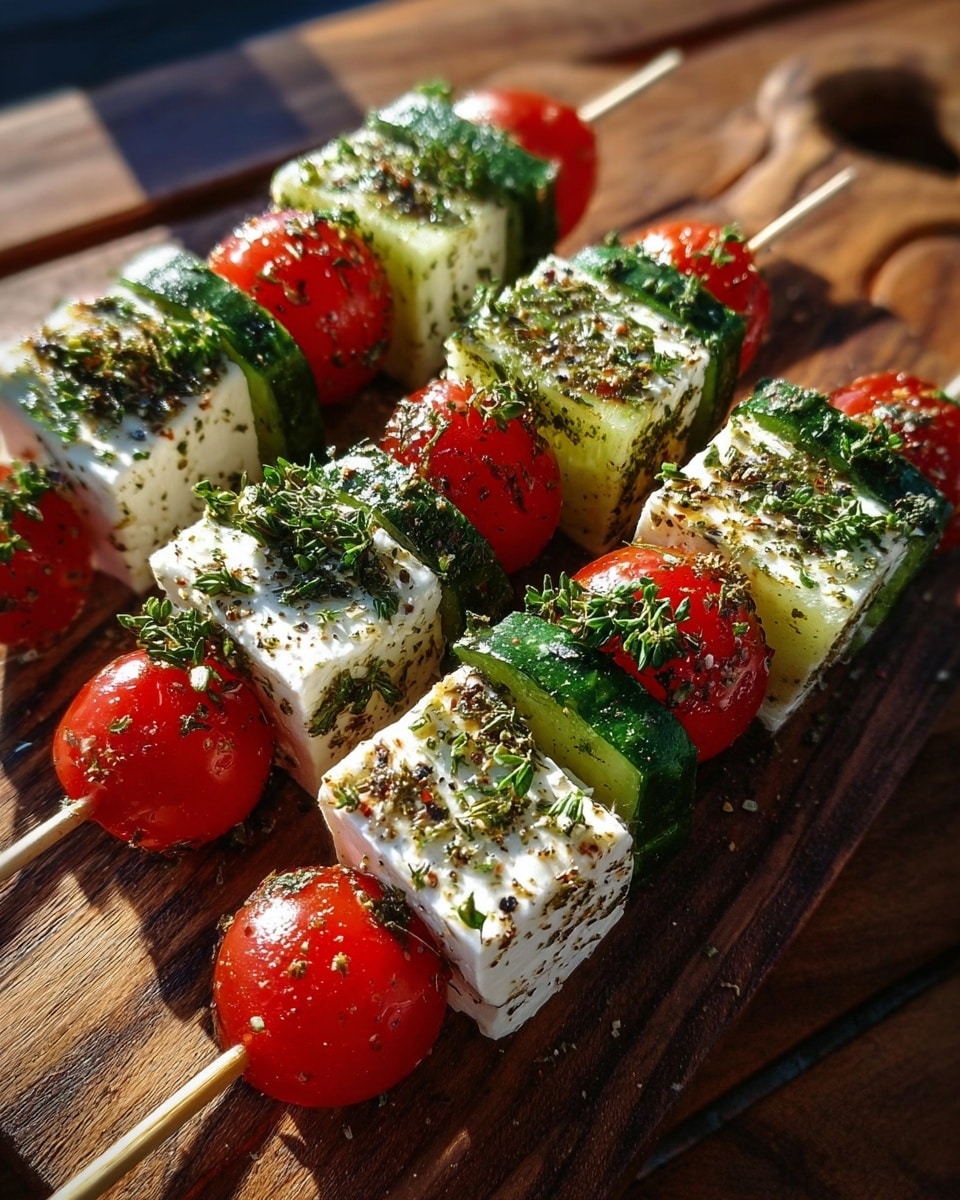 Three wooden skewers each hold four layers of food arranged in the same order: a bright red cherry tomato with a smooth glossy surface, a thick green cucumber slice showing its moist interior, a large white cube of feta cheese textured with herbs and small black pepper specks, and another cucumber slice. Each layer is sprinkled with chopped fresh green herbs and coarse black pepper, adding a fresh and spicy look. The skewers rest on a dark wooden board with natural grain patterns under warm sunlight, creating a vibrant and fresh visual contrast. photo taken with an iphone --ar 4:5 --v 7