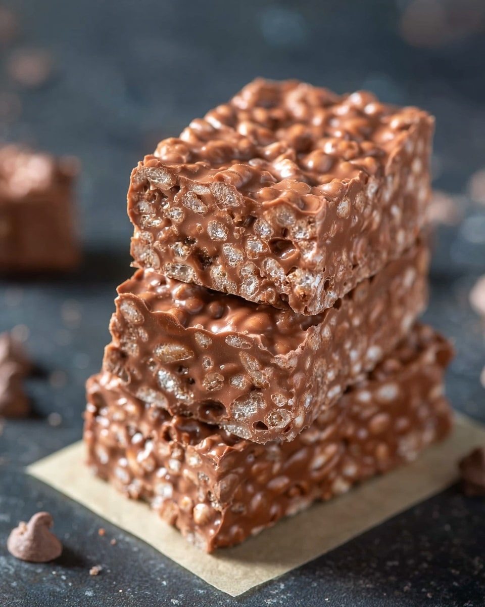 A close-up view of a rectangular chocolate treat with two visible layers: the bottom layer is a mix of light brown and beige, showing crispy rice pieces embedded in smooth chocolate, and the top layer is a solid milk chocolate coating with a slightly glossy finish and small crunchy bits scattered throughout. The treat sits on a small square piece of light brown parchment on a white marbled surface. In the background, blurred similar treats are visible, and two small chocolate chips are scattered near the front. photo taken with an iphone --ar 4:5 --v 7