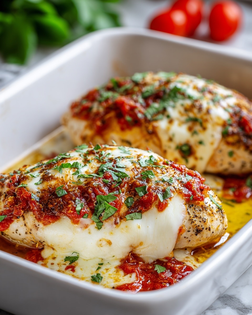 The image shows two pieces of baked chicken breasts in a white baking dish on a white marbled surface. Each chicken breast has three visible layers: the bottom is the cooked chicken with a light golden color, the middle layer is melted white cheese spread unevenly, and the top layer is a mix of red tomato sauce and browned herbs creating a slightly crispy texture. Green chopped parsley is sprinkled on top of both chickens, adding a fresh touch. In the background, there are blurred green leaves and red cherry tomatoes. photo taken with an iphone --ar 4:5 --v 7