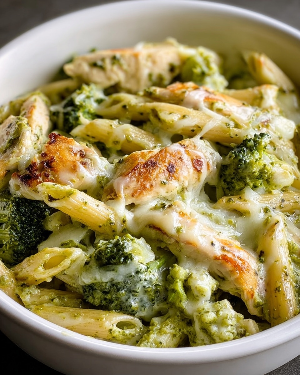A white bowl filled with baked penne pasta mixed with small broccoli florets and pieces of light golden-brown grilled chicken, all covered in a creamy green pesto sauce with melted cheese. The cheese creates a slightly browned edge on parts of the bowl, and the sauce has a smooth, rich texture that evenly coats the pasta, chicken, and broccoli. Photo taken with an iphone --ar 4:5 --v 7