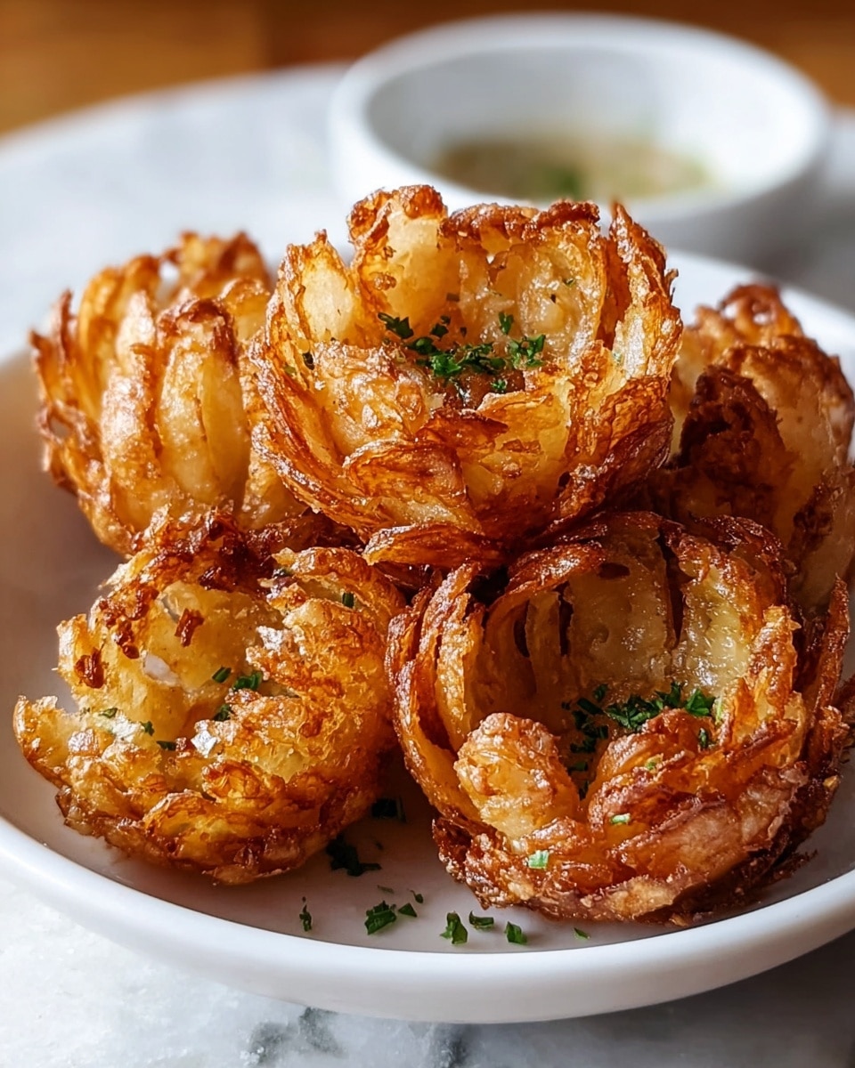 The image shows a white bowl filled with four crispy blooming onions, each made up of multiple golden-brown fried layers shaped like petals. The outer edges of the petals are darker with a crunchy texture, while the inner parts are lighter and shiny. Small green herb pieces are sprinkled on top and around the onions, adding a touch of color. The bowl is placed on a white marbled surface with soft natural lighting. photo taken with an iphone --ar 4:5 --v 7