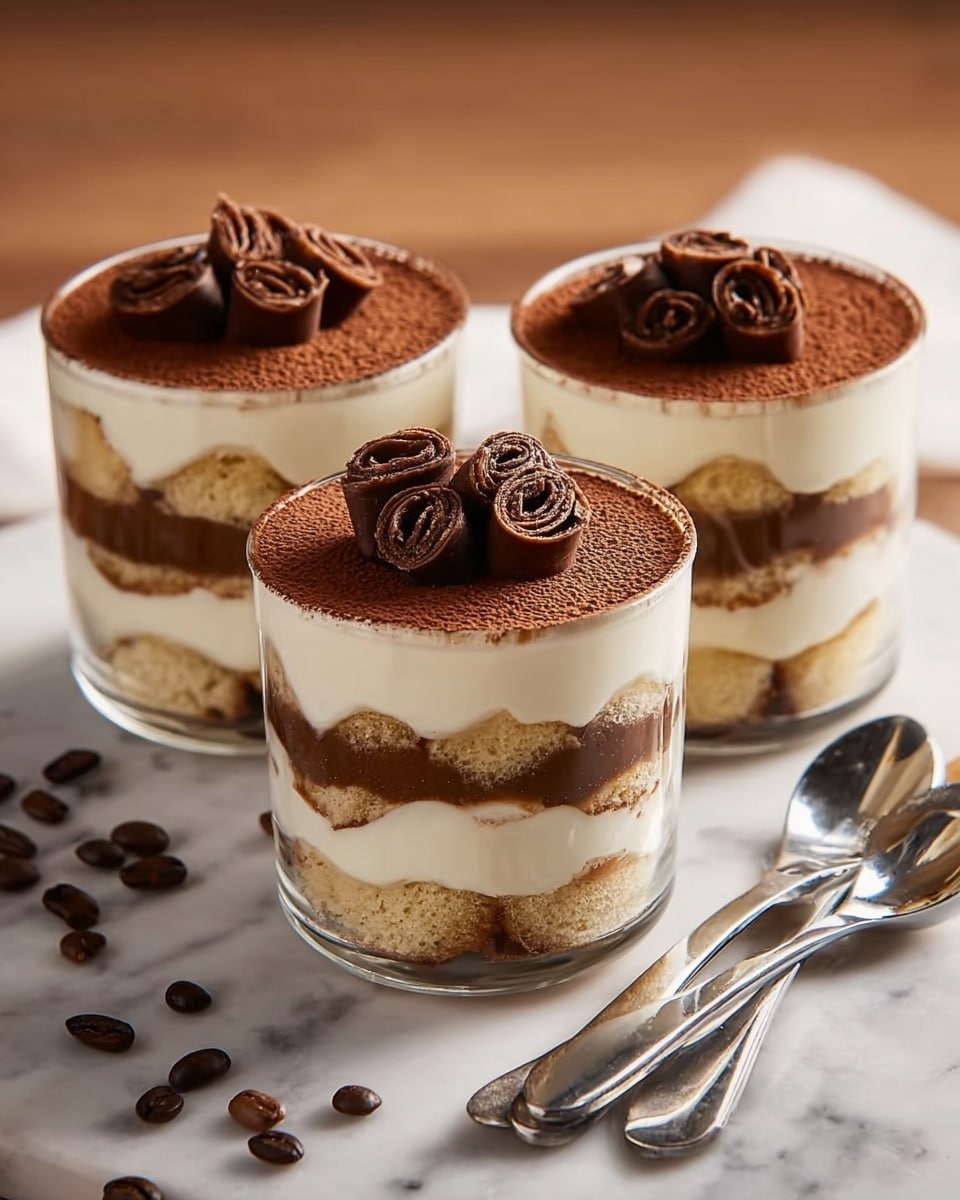 Three clear glass cups filled with layered dessert sit on a white marbled surface. Each cup has four layers: the bottom layer is light brown, crumbly cake pieces; the second layer is thick, creamy white filling; the third layer repeats the light brown cake pieces; the top layer is smooth, dark brown cocoa powder. On the top of each dessert, there are small rolls of dark chocolate arranged in a small pile. Around the cups, some dark brown coffee beans and two shiny silver spoons lie on the white marbled surface. The image is lit softly, giving the dessert a fresh and inviting look. photo taken with an iphone --ar 4:5 --v 7