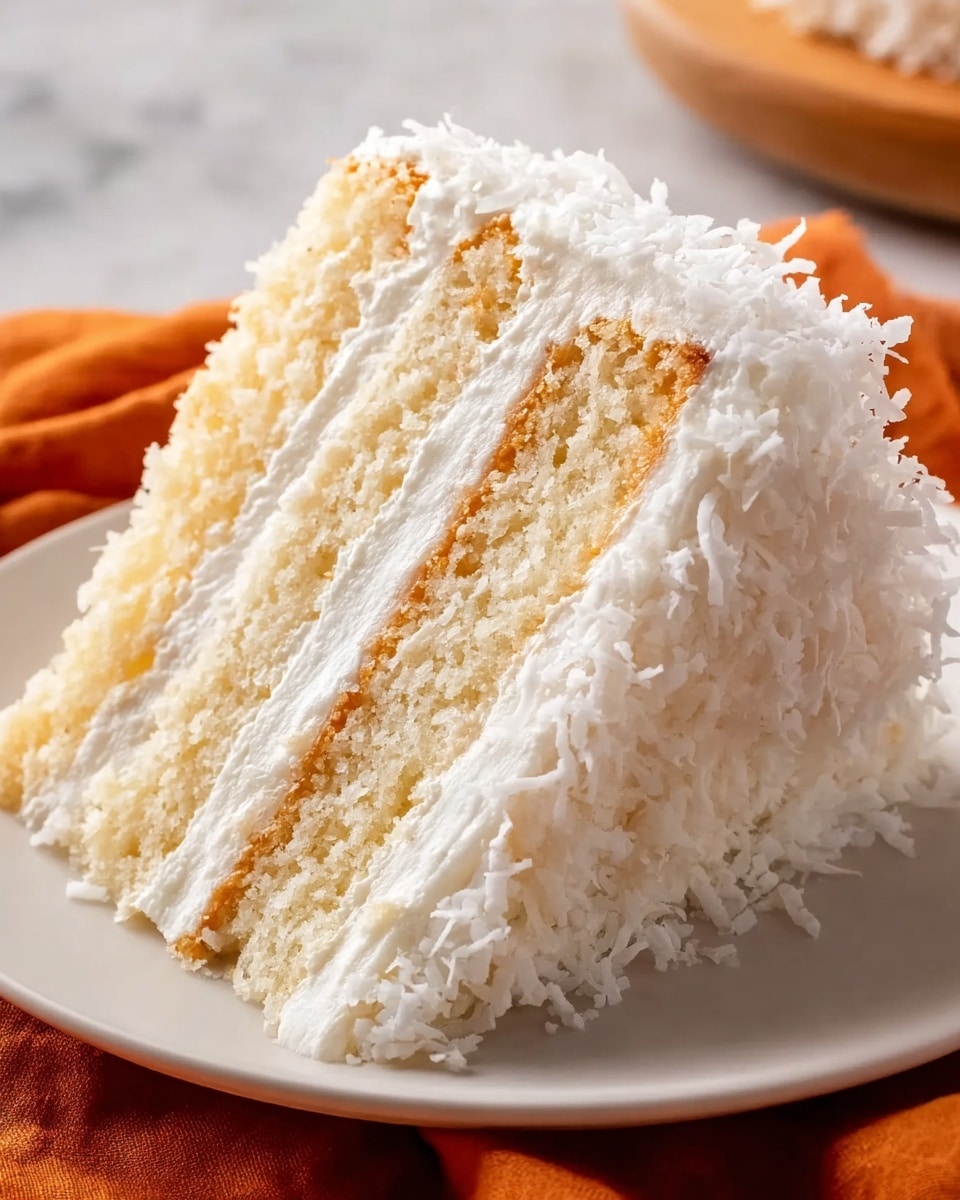A three-layer white cake slice on a white plate, each layer separated by a smooth, thick white cream filling. The cake layers have a soft, slightly crumbly texture with a pale golden edge. The outside is covered in fluffy white icing, sprinkled with white shredded coconut giving it a textured and light look. The background is a white marbled texture with an orange cloth partially visible under the plate. photo taken with an iphone --ar 4:5 --v 7