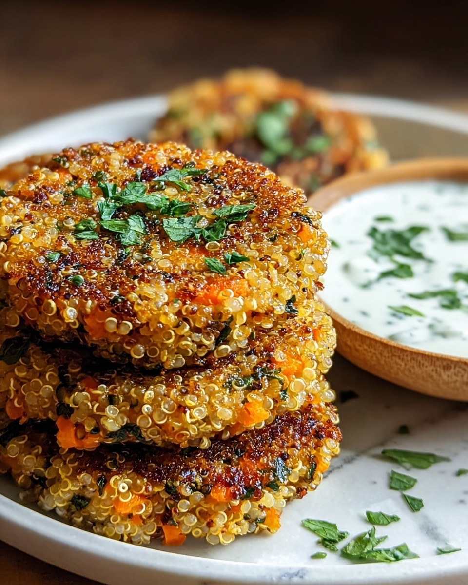 The image shows a stack of three golden-brown quinoa patties with a slightly crispy texture, flecked with orange carrot bits and green herbs throughout. The patties have a warm, toasted color with small quinoa grains visibly puffed on the surface. They are garnished with chopped green herbs on top and placed on a white plate. Behind the patties, there is a round bowl filled with white creamy sauce, sprinkled with fresh green herbs. The entire scene is set on a white marbled textured surface. photo taken with an iphone --ar 4:5 --v 7