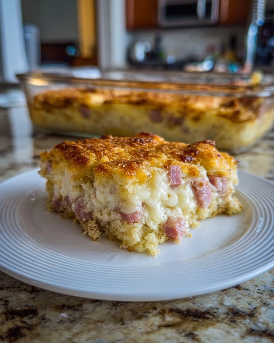 A close-up of a square piece of baked casserole on a white plate, showing three layers: a golden brown bubbly cheese top crust, a thick creamy middle layer with a light yellow color, and a bottom layer of sliced ham with a pinkish tone and melted white cheese oozing slightly. In the background, more pieces of the casserole are on white plates, and the casserole dish is visible with a browned cheese top and some brown baked spots on the sides. The setting includes a soft-focused room and light coming through sheer curtains on a white marbled surface. photo taken with an iphone --ar 4:5 --v 7