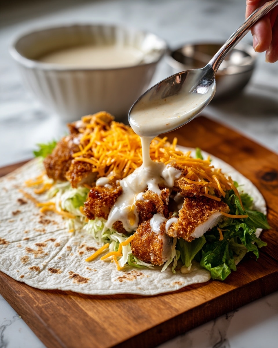 A white tortilla wrap rests on a wooden board, filled with several layers: the bottom layer is shredded green lettuce, topped with golden-brown crispy breaded fish pieces with a rough texture; over the fish is a layer of bright orange shredded cheddar cheese, partially melted; a generous stream of creamy white sauce with a smooth texture is being poured onto the fish from a silver spoon held by a woman's hand. The background shows a blurred white bowl with more sauce, all set on a white marbled surface. photo taken with an iphone --ar 4:5 --v 7