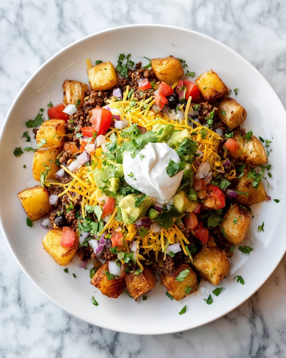 The dish is served on a white plate placed on a white marbled texture surface. The bottom layer consists of golden-browned potato cubes arranged around the plate. On top of the potatoes is a layer of cooked, seasoned ground beef, dark brown with a slightly crumbly texture. Next is a scattered mix of finely chopped white onions, small red tomato cubes, and small bits of green avocado. Over this, a moderate amount of shredded yellow cheddar cheese is spread. The dish is topped with a dollop of white sour cream adorned with scattered pieces of fresh green cilantro. Photo taken with an iphone --ar 4:5 --v 7