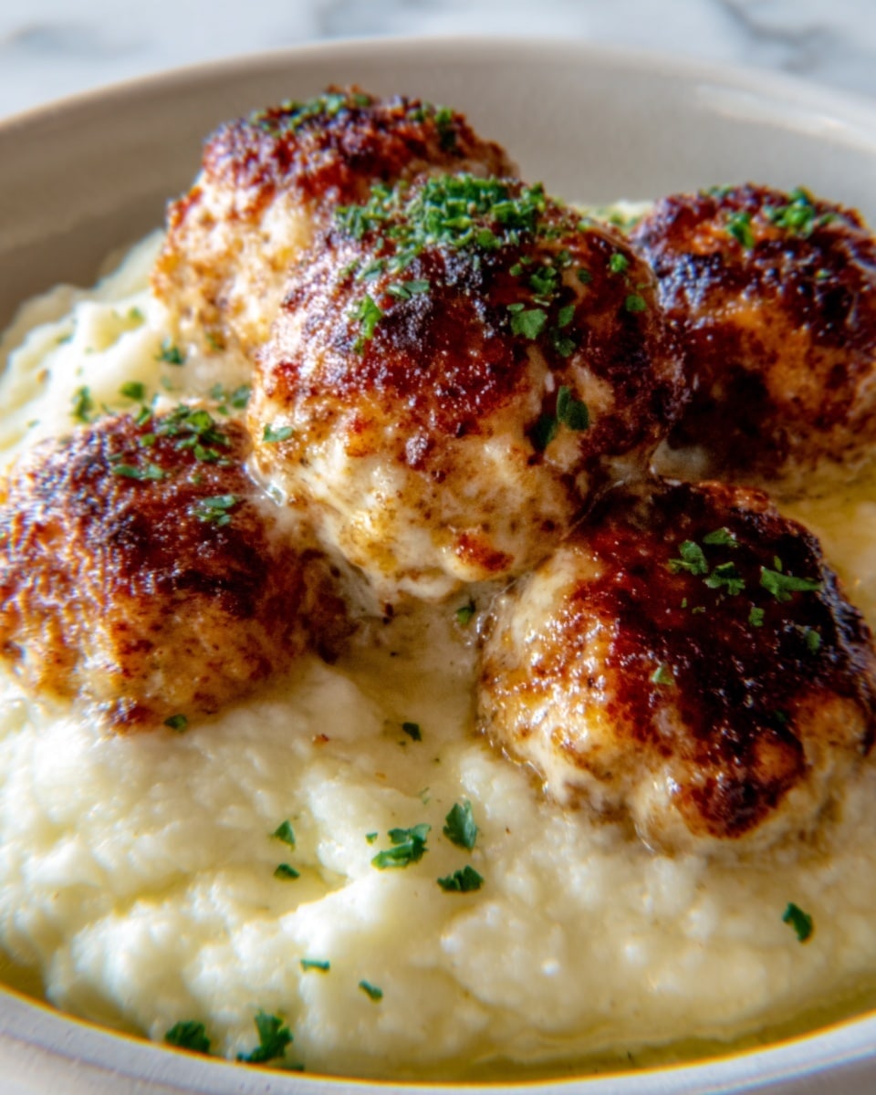 The image shows a close-up of five golden-brown meatballs with a crispy, slightly charred surface, sitting on a bed of smooth, creamy white mashed potatoes. There is a small amount of finely chopped green herbs sprinkled on top of the meatballs and mashed potatoes, adding a fresh touch of color. The texture of the mashed potatoes looks soft and fluffy, while the meatballs appear juicy and well-cooked. The dish is on a white plate, placed on a white marbled surface. photo taken with an iphone --ar 4:5 --v 7