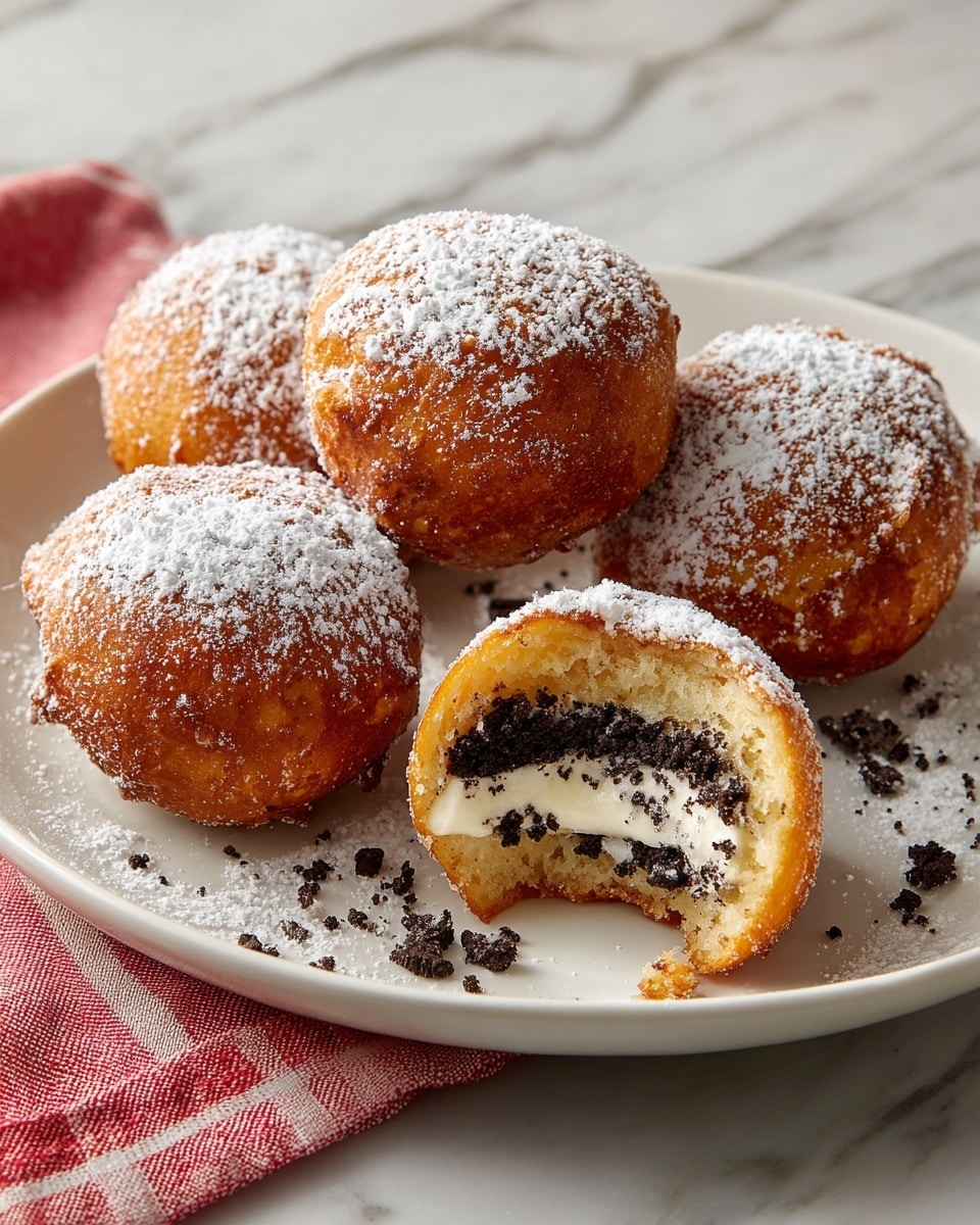 The image shows five round fried treats on a white plate with powdered sugar sprinkled on top and around them. One of the treats in the front has a bite taken out, revealing three layers: a golden-brown crispy outer batter, a dark chocolate cookie layer inside, and a creamy white filling in the middle. The other four whole treats have a similar golden-brown fried crust dusted with powdered sugar. The plate is set on a white marbled surface with a red and white cloth nearby. photo taken with an iphone --ar 4:5 --v 7