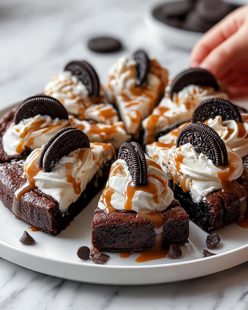 A round chocolate brownie cut into eight slices sits on a white plate on a white marbled surface. Each slice has a thick, rich dark brown brownie base layer with a smooth white cream layer on top. On top of the cream layer, there is a dollop of whipped cream, colored white with a light, fluffy texture. Each whipped cream dollop is topped with a whole Oreo cookie, dark brown with a detailed embossed pattern. Light brown caramel sauce is drizzled over the whipped cream and brownie layers, flowing down the sides. Visible chocolate chips are scattered around the brownie surface. A woman's hand is picking up one of the slices, showing its moist texture. Photo taken with an iphone --ar 4:5 --v 7
