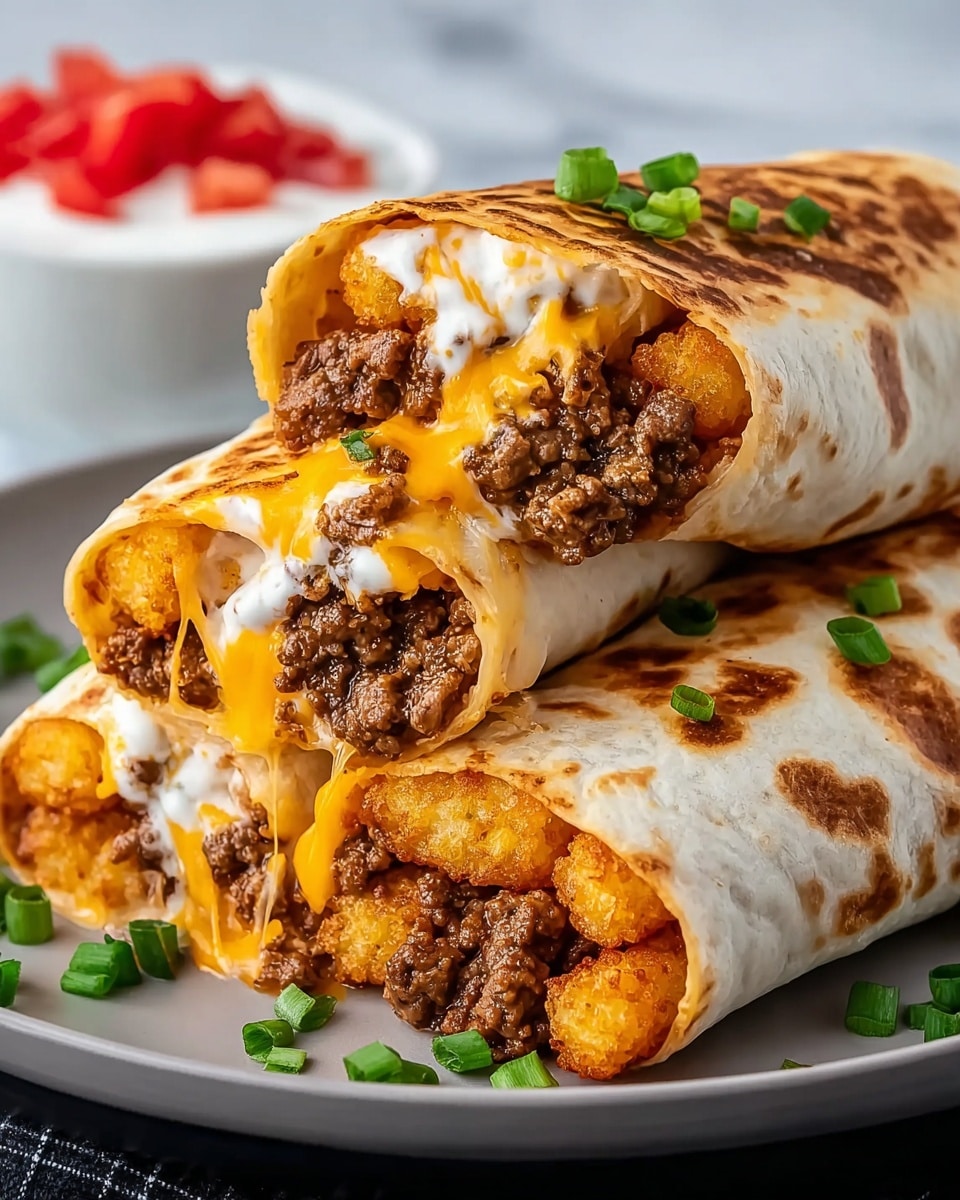 Three wrapped burritos are stacked on a white plate, each showing inside layers: crispy golden brown tater tots at the front, melted orange cheddar cheese strands beneath, creamy white sauce, and dark brown cooked ground beef filling. The lightly toasted tortilla wrap is speckled with golden-brown spots and topped with small cuts of green onion. A white bowl with white sauce and diced red tomatoes is blurred in the white marbled background. photo taken with an iphone --ar 4:5 --v 7