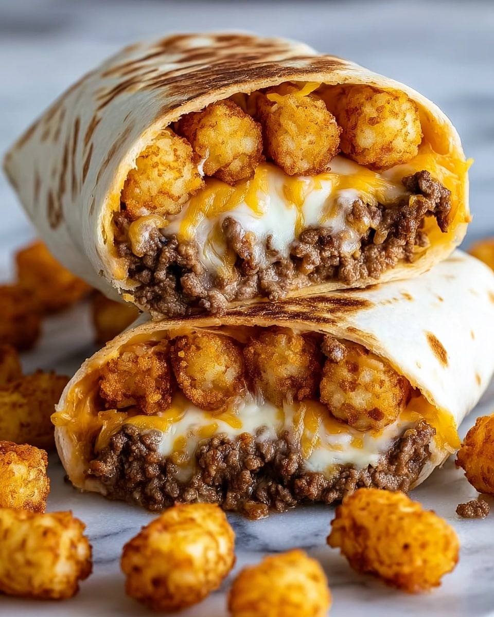 A close-up of two stacked burritos cut in half to show three layers inside: the top layer has golden crispy tater tots, the middle layer has melted white and yellow cheese with a stretchy texture, and the bottom layer contains cooked, brown ground beef. The burrito wraps are lightly toasted with brown spots on the white tortillas. Around the burritos are more golden tater tots scattered on a white marbled surface. The photo is detailed with warm colors and soft lighting. photo taken with an iphone --ar 4:5 --v 7