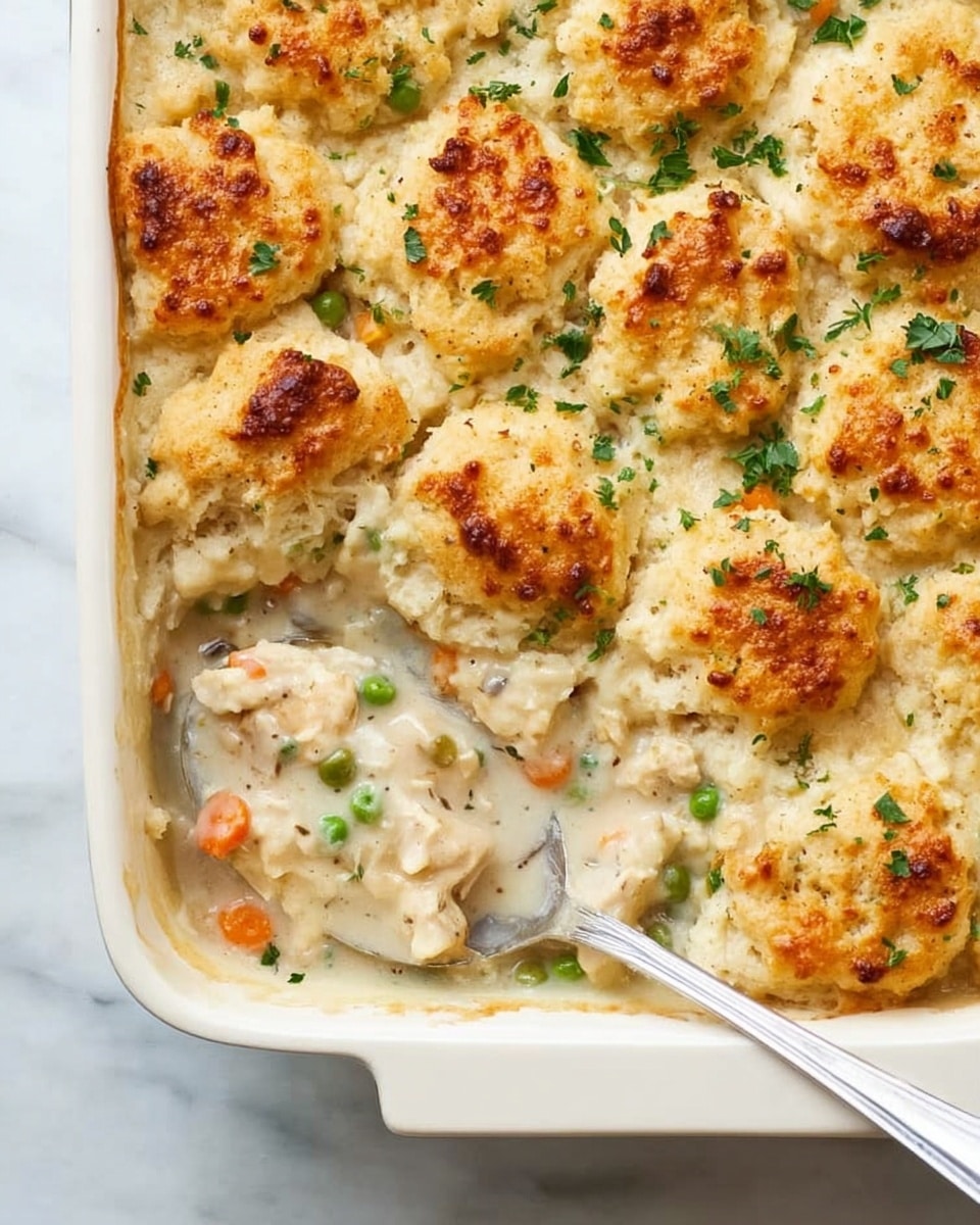 The dish is a casserole in a white rectangular baking dish, showing three main layers. The bottom layer is creamy white sauce mixed with small pieces of cooked chicken and visible small green peas and orange carrot bits. The top layer consists of golden-brown biscuit dough pieces unevenly spread and baked until lightly browned with some crispy edges. Over the top, bright green parsley leaves are scattered, adding a fresh color contrast. A metal spoon is scooping a portion from the left side, revealing the saucy, chunky filling beneath the biscuit topping. The casserole is placed on a white marbled surface. photo taken with an iphone --ar 4:5 --v 7