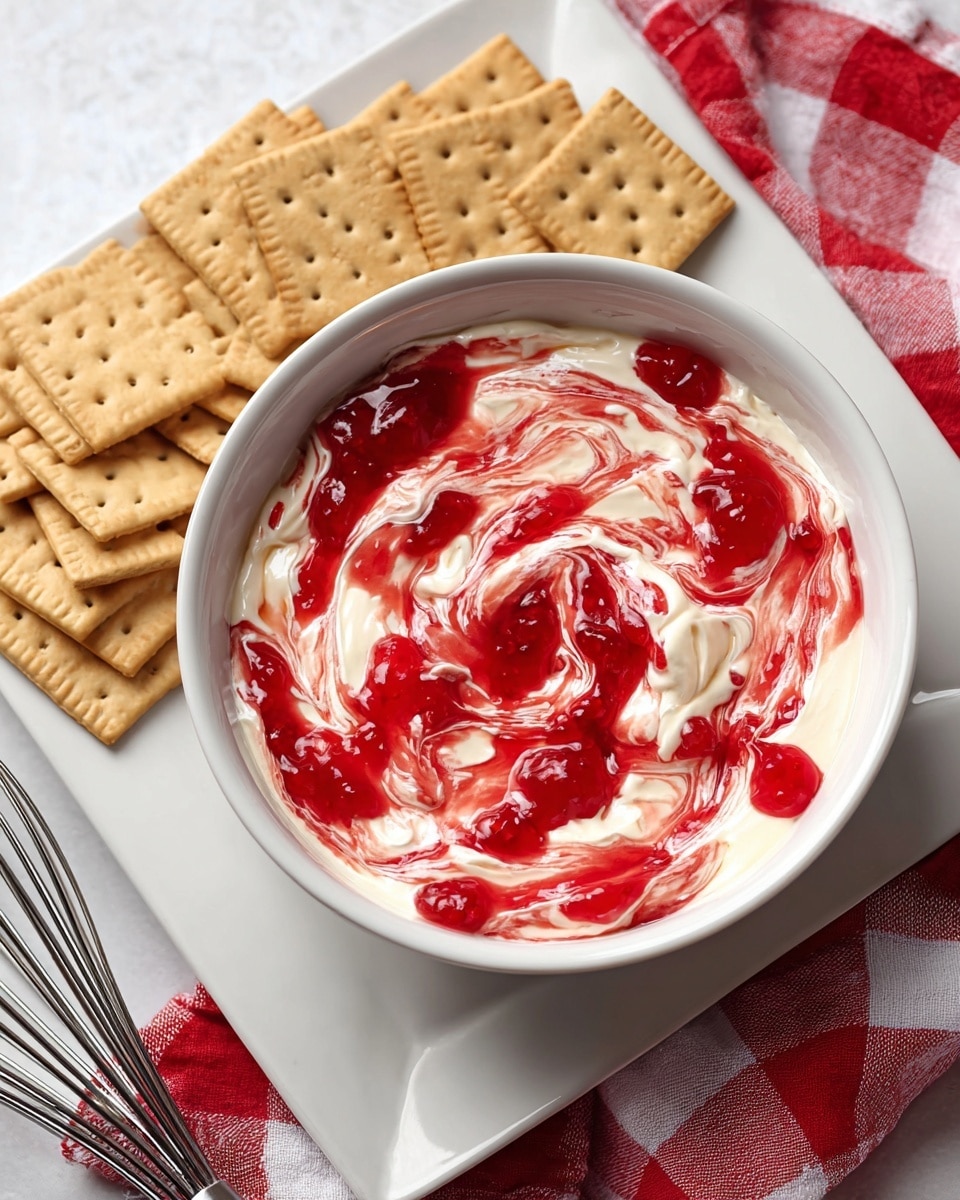 A white bowl filled with a creamy white layer of dip swirled with bright red, glossy strawberry jam on top, creating a marbled pattern of red and white. The bowl is placed on a white rectangular plate, which also holds a neat arrangement of light brown rectangular graham crackers with small holes. Next to the plate, there is a silver metal whisk and a red and white checkered cloth, all set on a white marbled textured surface. photo taken with an iphone --ar 4:5 --v 7