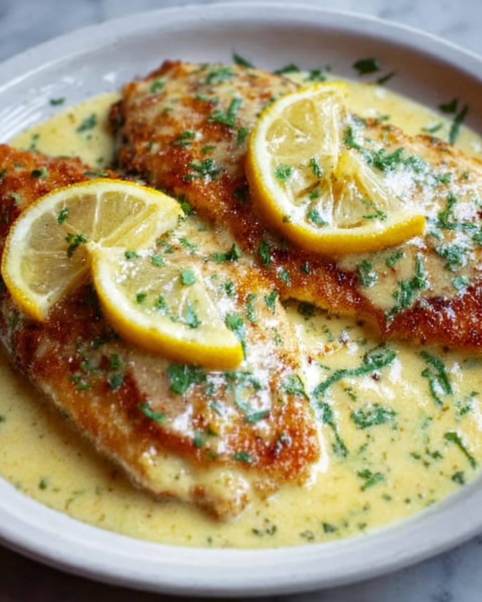 Two pieces of golden brown fish fillets covered in a creamy yellow sauce with green herbs sprinkled on top are placed on a white plate. Each fillet is garnished with thin slices of lemon positioned on the upper part. The creamy sauce pools around the fillets, showing a smooth texture with small herbs visible in it. The background is a white marbled surface. Photo taken with an iphone --ar 4:5 --v 7