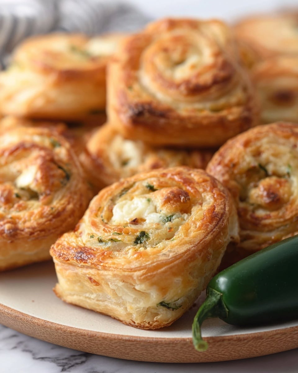 A close-up view of several golden-brown puff pastry pinwheels arranged closely on a round white plate, each showing multiple flaky layers with a slightly crispy texture and visible bits of green herbs and white cheese filling inside. The pinwheels vary slightly in size and have a warm toasted color with some darker spots indicating baking. A single dark green jalapeño pepper lies to the side of the pinwheels, providing a fresh contrast. The plate rests on a white marbled surface, softly out of focus in the background. photo taken with an iphone --ar 4:5 --v 7