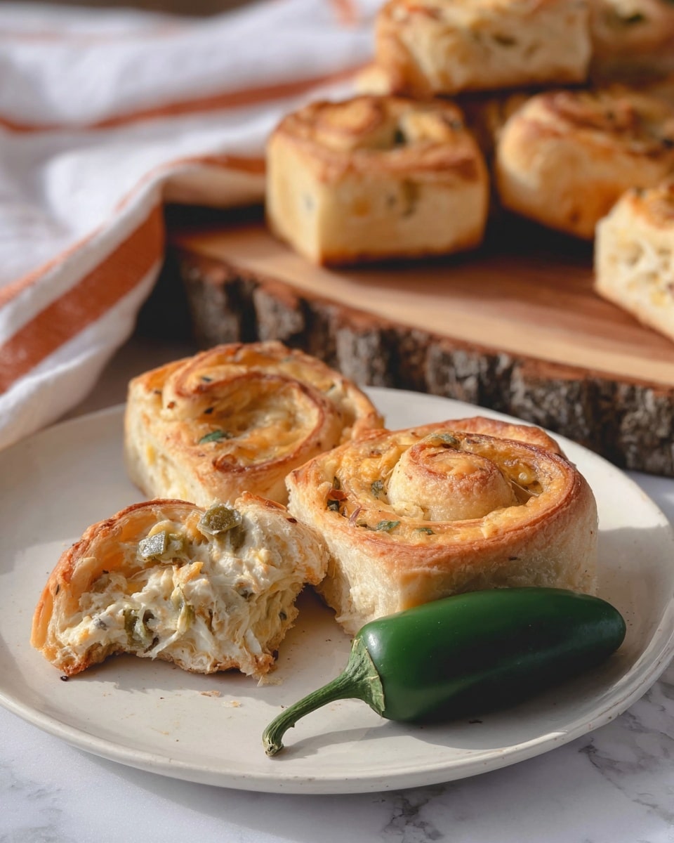 The image shows a white plate on a white marbled surface holding three golden-brown roll pastries with visible swirled layers, each roughly square-shaped with a slightly crisp outer crust and soft, fluffy inner layers. One roll is broken open to reveal a creamy, slightly chunky filling mixed with small bits of green herbs or vegetables. Beside the rolls on the plate is a whole green jalapeno pepper, smooth and glossy. In the background, more rolls are arranged on a wooden slab with a rough bark edge, and a white cloth with orange stripes peeks in from the left side. The lighting is soft and natural, highlighting the warm tones and textures of the food. photo taken with an iphone --ar 4:5 --v 7