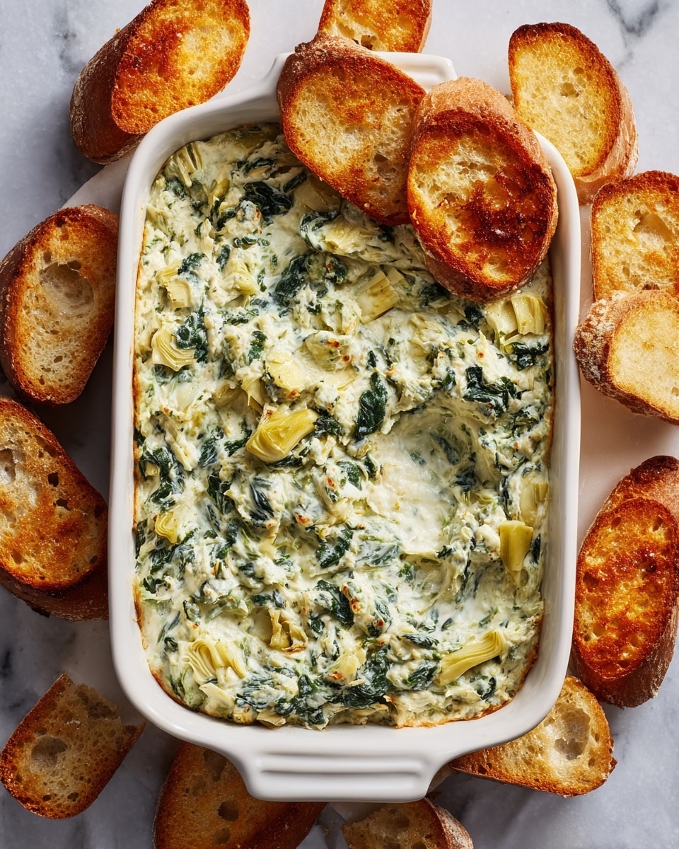 A rectangular white baking dish filled with a creamy spinach dip that is mixed with chopped green spinach leaves and chunks of white cheese, creating a speckled green and white texture. The top layer is smooth but shows bits of leafy spinach and melted cheese throughout. In the back corner of the dish, there are three toasted golden brown round bread slices standing upright, while more toasted round bread slices lay scattered around the dish on a white marbled surface. photo taken with an iphone --ar 4:5 --v 7