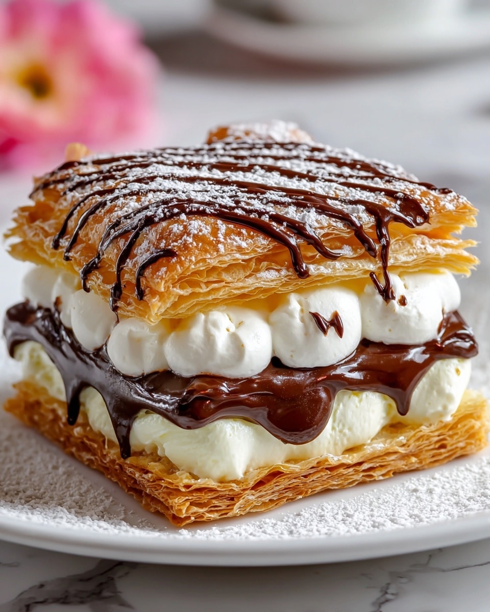 A square dessert with three main layers sits on a white plate over a white marbled surface. The bottom layer is a golden, crispy puff pastry with many thin, flaky layers. Above that is a thick layer of white, soft cream shaped into rounded dollops around the edge, covered by a smooth, glossy dark chocolate layer that drips slightly down the sides. On top of the chocolate is a generous layer of fluffy white whipped cream with a slightly uneven texture. The top layer is another thick sheet of puff pastry, golden and crispy with visible thin layers, dusted with a light white powdered sugar and decorated with thin lines of dark chocolate drizzle. Photo taken with an iphone --ar 4:5 --v 7