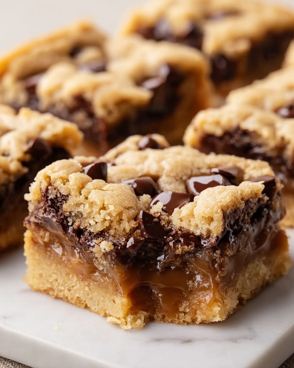 The image shows a close-up of a square piece of baked dessert bar on a white marbled surface. The dessert has three visible layers: a light brown, crumbly top layer with whole dark chocolate chips embedded in it, a thick middle layer of gooey caramel that looks smooth and slightly shiny, and a bottom layer similar to the top, a slightly darker baked crust with visible chocolate pieces mixed into it. The edges are slightly cracked, revealing the soft caramel inside. Photo taken with an iphone --ar 4:5 --v 7