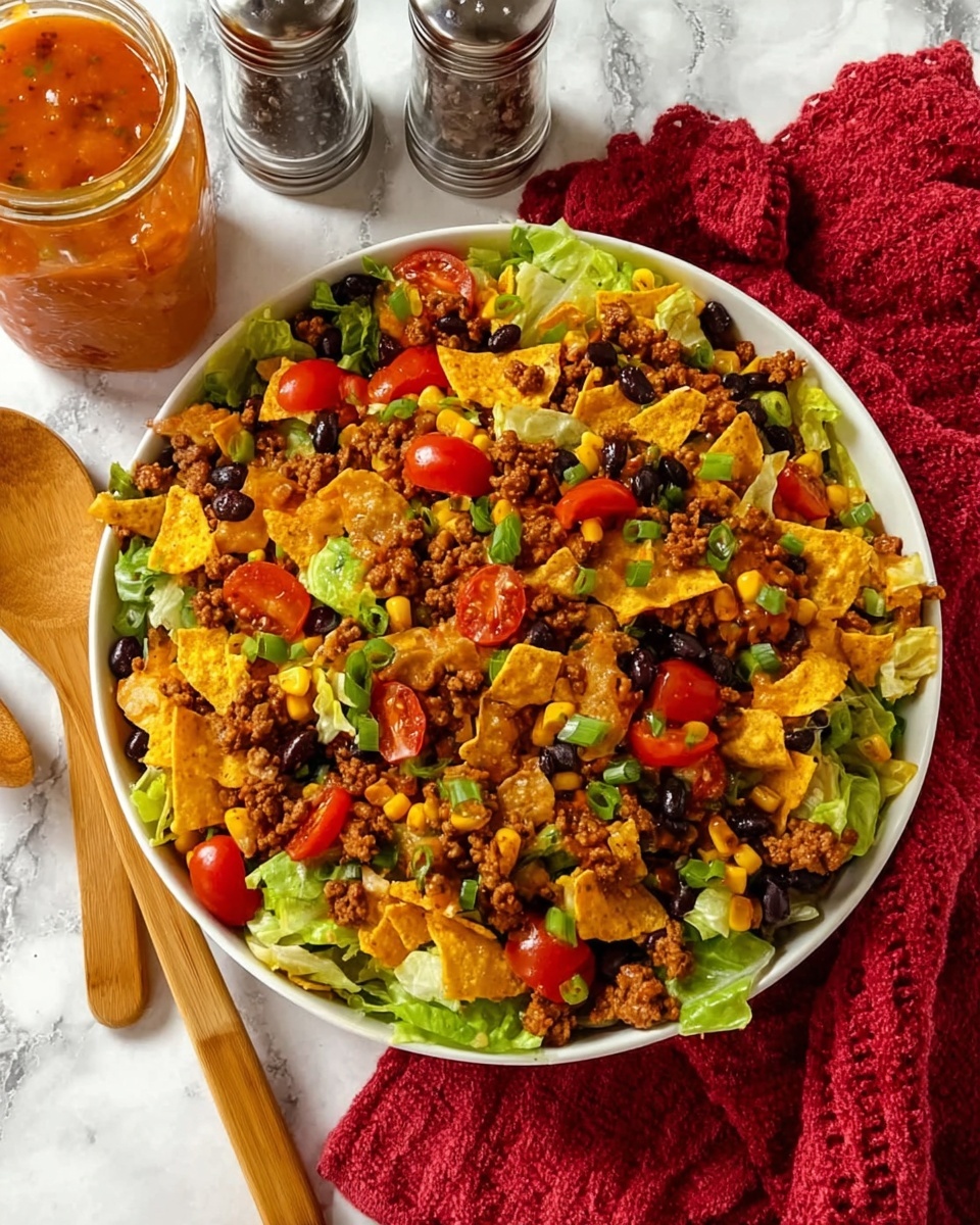 A large white bowl filled with a colorful taco salad sits on a white marbled surface. The salad has a base layer of chopped green lettuce mixed with crushed yellow and orange tortilla chips. On top, there are bright red cherry tomato halves, black beans, and small pieces of yellow corn scattered evenly. Crumbled browned ground meat is spread across the salad, along with finely chopped green onions. Two wooden salad forks rest on opposite sides of the bowl. In the background, a red textured cloth, a jar with orange salsa, and a set of salt and pepper grinders are visible. photo taken with an iphone --ar 4:5 --v 7