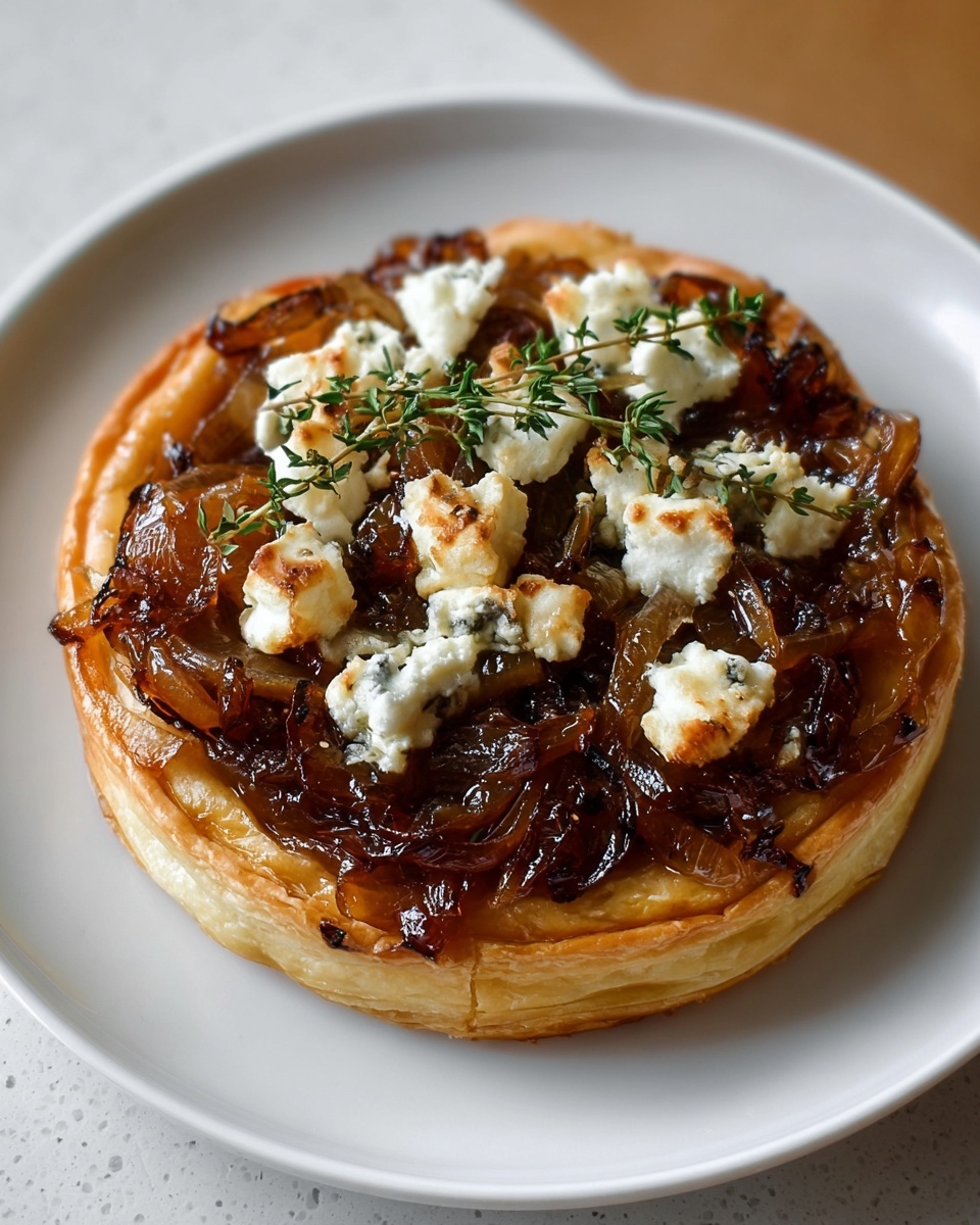 A round tart with a golden, flaky crust forms the base, topped with a thick layer of dark brown caramelized onions, glossy and slightly translucent. On top of the onions, there are scattered white chunks of soft cheese with greenish-blue veins, likely goat cheese or blue cheese, adding texture contrast. Small sprigs of fresh green thyme are placed over the cheese, giving a fresh look to the rich tones of the tart. The tart sits on a plain white plate, all placed on a white marbled textured surface. photo taken with an iphone --ar 4:5 --v 7