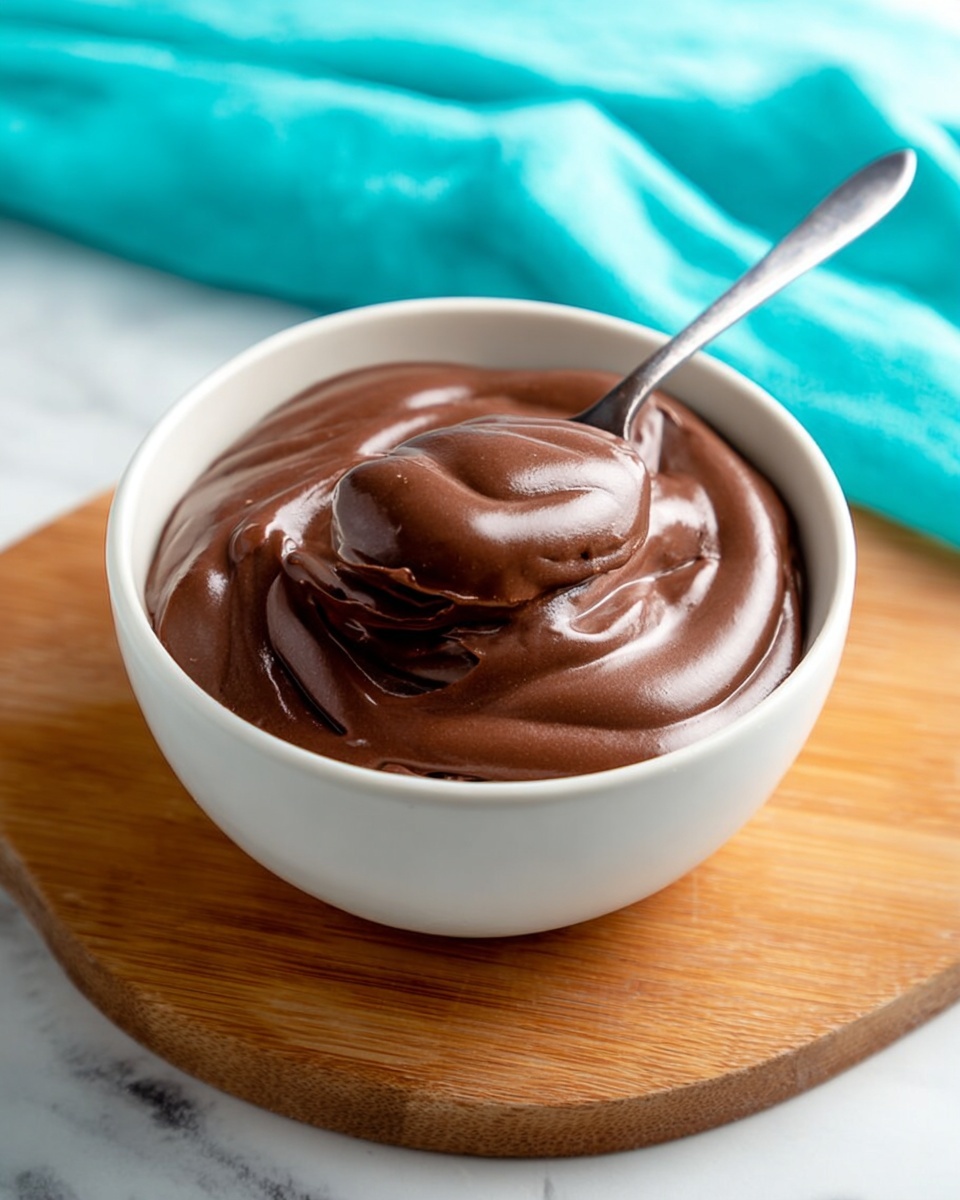 A white bowl filled with smooth, thick, and creamy chocolate pudding forming soft waves on top, with a shiny surface reflecting light. A silver spoon scoops a generous portion from the pudding, resting in the bowl, showing the pudding’s rich texture. The bowl is placed on a wooden board, all set against a white marbled surface with a bright turquoise cloth slightly blurred in the background. photo taken with an iphone --ar 4:5 --v 7