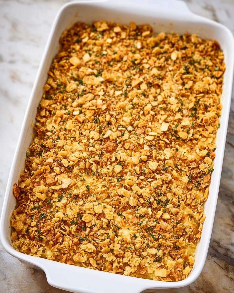 A white rectangular baking dish filled with a layered casserole. The top layer is covered with a crumbly, golden-brown crust made of crushed crackers mixed with herbs, giving it a textured and crunchy look. The crust covers the entire surface evenly, with some small green herb flecks visible throughout. The dish sits on a white marbled surface, and the warm lighting highlights the crisp and inviting texture of the topping. photo taken with an iphone --ar 4:5 --v 7