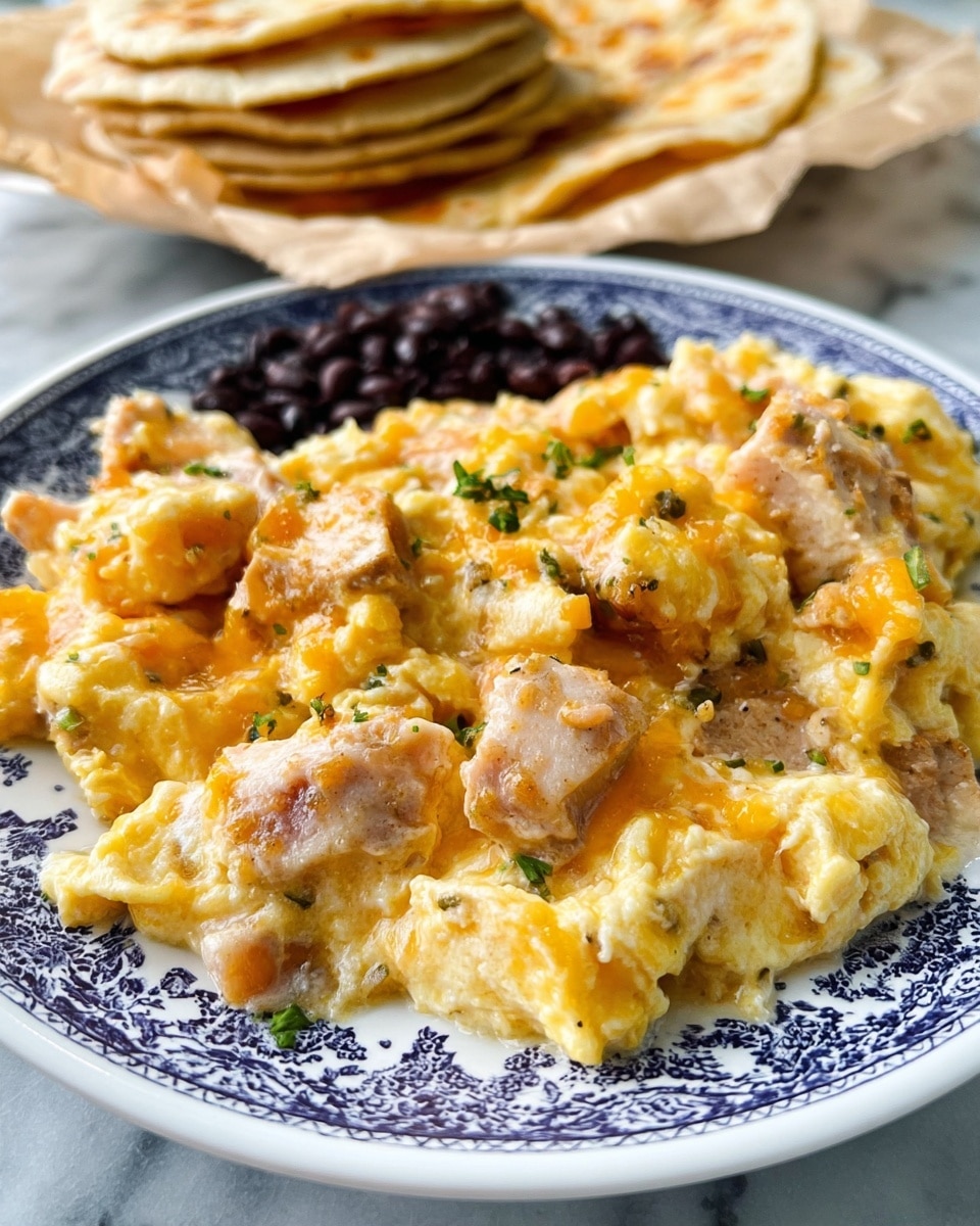 The dish shows a close-up of creamy scrambled eggs mixed with melted cheese and small chopped herbs on a white plate with blue patterns. There are chunks of golden cooked chicken scattered throughout the eggs, with melted cheese coating the top creating a glossy texture. On the side of the plate, a small portion of black beans is visible, adding dark contrast. Behind the plate, a stack of light golden flatbreads rests on brown parchment paper. The surface under the plate is a white marbled texture. photo taken with an iphone --ar 4:5 --v 7