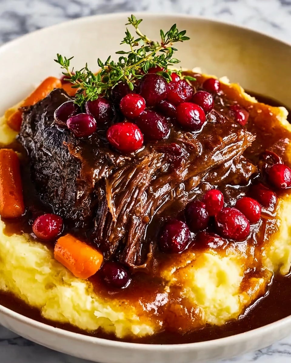 A white bowl holds a rich dish starting with a base layer of creamy, pale yellow mashed potatoes that have a slightly lumpy texture. On top sits a large chunk of dark brown, tender braised beef with visible fibrous strands showing its softness. The beef is covered with a glossy, deep brown sauce that pools around the mashed potatoes. Bright orange carrot slices and whole red cranberries are scattered around the sides, adding touches of color. A small sprig of fresh green thyme decorates the top, alongside a heap of shiny, deep red whole cranberries. The background is a white marbled texture. Photo taken with an iphone --ar 4:5 --v 7