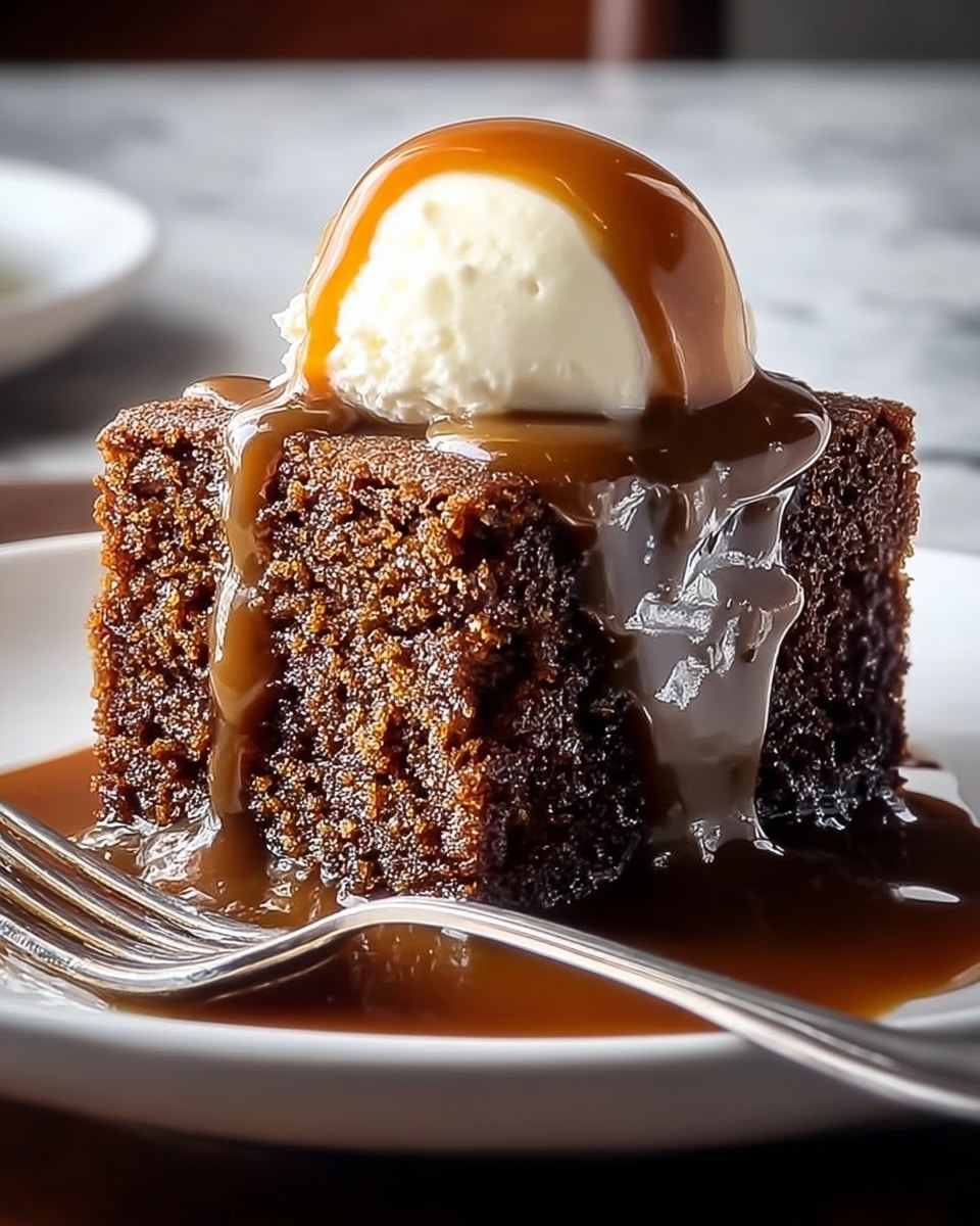 A thick, square piece of dark brown cake with a moist and crumbly texture sits on a white plate, covered by a thick drizzle of shiny caramel sauce that flows down its sides and pools around the base. On top of the cake is a perfectly round scoop of creamy white ice cream, also topped with a small amount of caramel sauce slowly dripping down its sides. A silver fork rests on the plate next to the cake. The setting includes a white marbled textured surface in the background. photo taken with an iphone --ar 4:5 --v 7