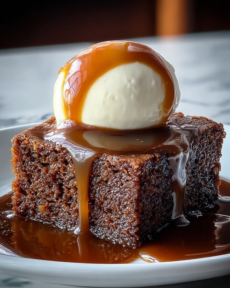 A single square piece of dark brown moist cake sits on a white plate, soaked with thick, glossy caramel sauce that pools around the base and drips down the sides. On top of the cake is a round scoop of smooth white vanilla ice cream, with caramel sauce slowly dripping over it as well. The cake layer texture looks soft and dense, contrasting with the creamy ice cream and shiny caramel. The whole scene is set on a white marbled surface with a blurred background. photo taken with an iphone --ar 4:5 --v 7