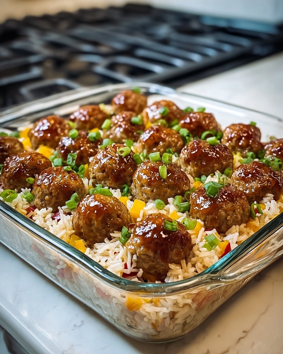 A clear glass square dish filled with a base layer of cooked white rice mixed with small yellow and red bell pepper pieces, giving a speckled color of white, yellow, and red throughout. On top of the rice, there are about 25 shiny, golden-brown glazed meatballs arranged in neat rows across the entire surface. Small chopped green onions are sprinkled over both the rice and meatballs, adding pops of green color. The dish sits on a white marbled surface with a soft background, showing part of a stove behind. photo taken with an iphone --ar 4:5 --v 7