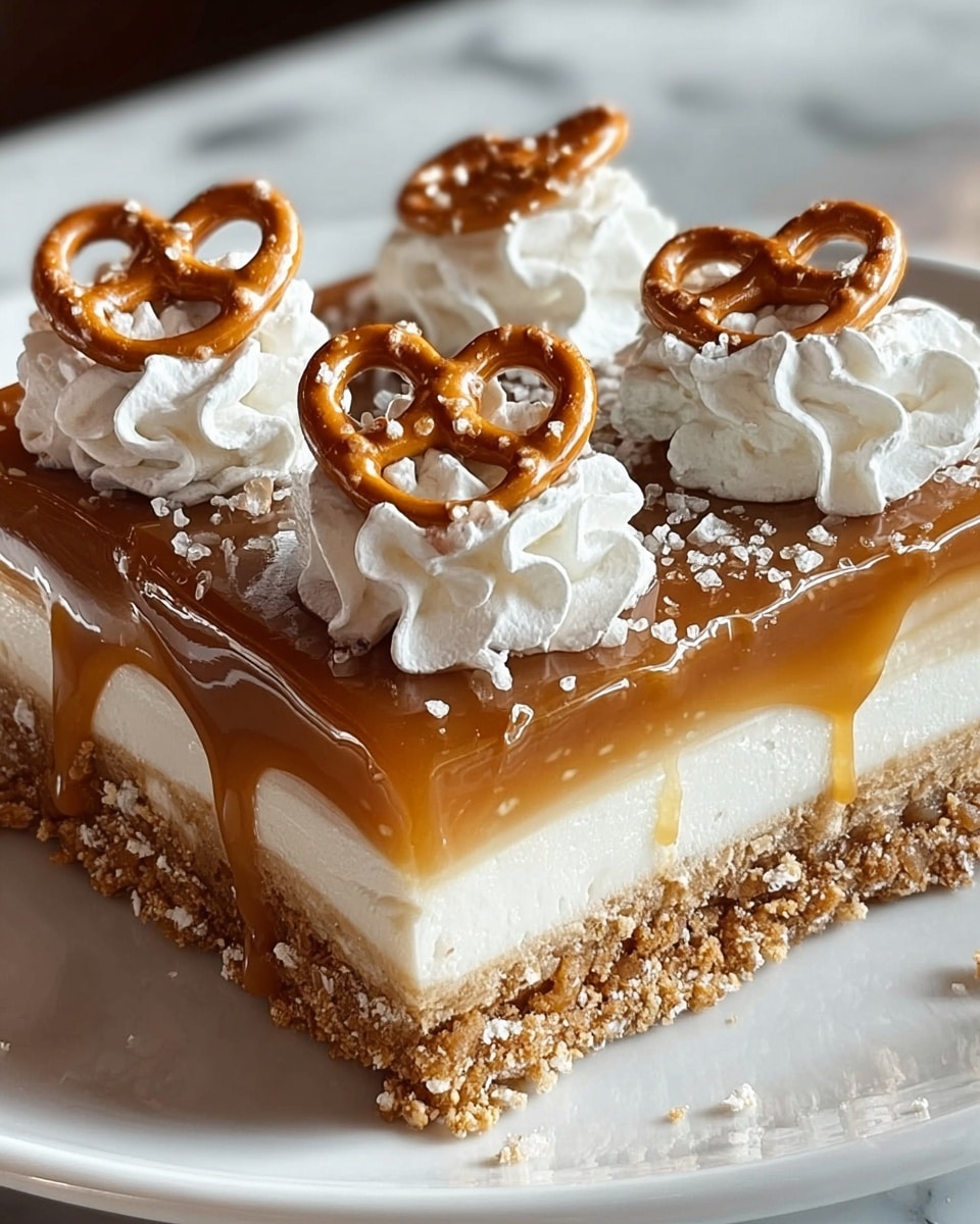 The image shows a square dessert with four distinct layers on a white plate. The bottom layer is a crumbly, light brown crust. Above that is a thick, creamy white layer, topped by a glossy, smooth caramel layer that gently drips over the edges. The top layer consists of fluffy white whipped cream dollops, each decorated with a small pretzel that is golden brown and sprinkled with coarse salt. The dessert is placed on a white marbled surface. Photo taken with an iphone --ar 4:5 --v 7