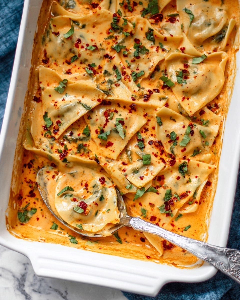 A white rectangular baking dish filled with folded pasta layers in creamy orange sauce, showing about two layers of soft pasta sheets folded into triangular shapes with visible green herbs inside and atop. The sauce, smooth and creamy, coats the pasta and pools at the bottom with oil droplets floating, while red chili flakes and chopped green herbs are sprinkled on top for color and texture contrast. A silver spoon resting inside holds one pasta piece partially dipped in sauce. The dish is set on a white marbled surface with a blue cloth in the background. photo taken with an iphone --ar 4:5 --v 7