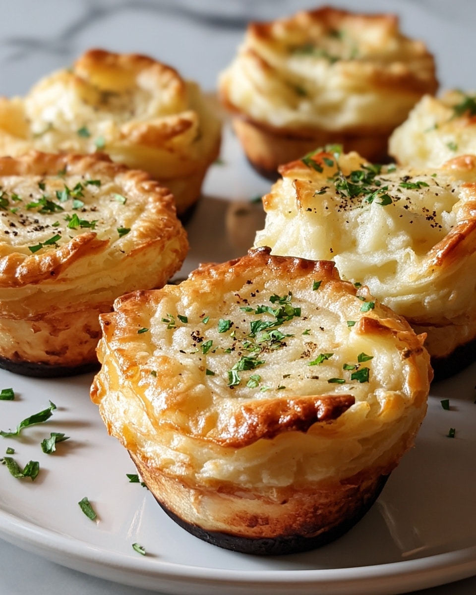 A close-up view shows several small baked pies arranged on a white plate set on a white marbled surface. Each pie has a golden-brown, slightly crispy top crust with a few flecks of herbs like parsley and black pepper scattered on it. Below the crust, the pies have a thick, fluffy layer of creamy mashed potato filling with a soft texture and light color. The pies are held in dark baking cups, and small bits of green herbs are sprinkled around the plate. The lighting highlights the flaky, slightly browned edges and the soft, moist inside of the pies. photo taken with an iphone --ar 4:5 --v 7