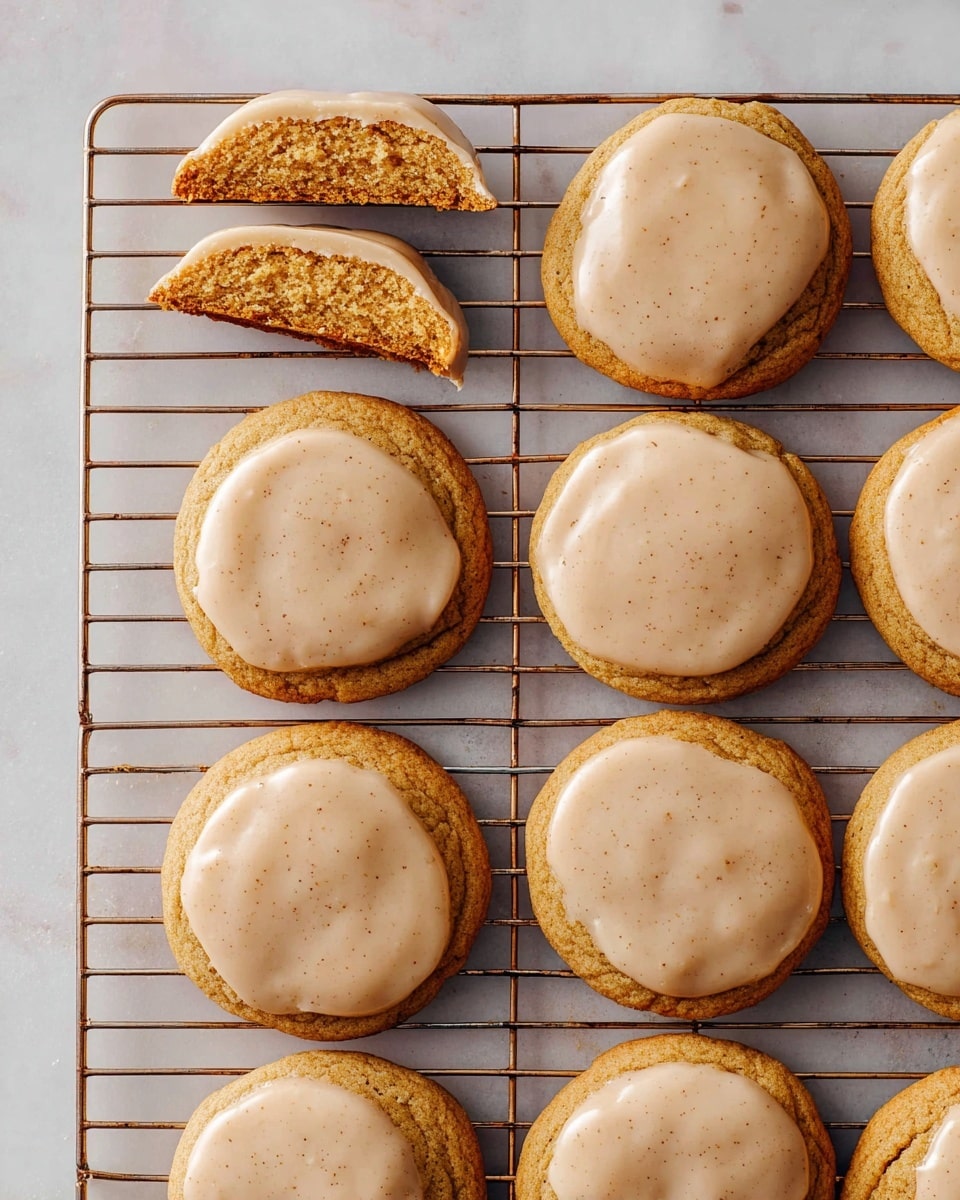 The image shows a baking rack holding twelve round cookies arranged in three rows of four on a white marbled surface. Each cookie has a thick light brown glaze spread evenly on top, creating a smooth, shiny layer. One cookie is split in half at the top left corner, showing a dense, soft interior with the glaze covering the upper half, while the bottom half is plain. The cookie dough is a warm golden brown color with a slightly cracked texture around the edges, and the glaze has a creamy, speckled appearance. Photo taken with an iphone --ar 4:5 --v 7