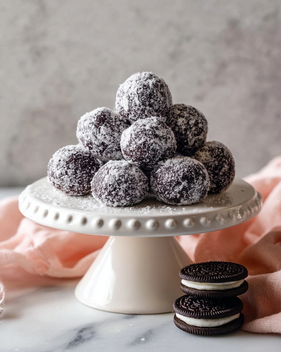 A white cake stand holds a pile of dark chocolate balls covered with a thin layer of white powdered sugar, giving a snowy look. Each ball is round, smooth, and shiny under the powdered sugar. The cake stand has a wide base and a flat top with small decorative bumps around the edge. On the white marbled surface next to the stand, there are several sandwich cookies stacked, showing their dark chocolate outer layers and white cream filling. A soft pink cloth is partly visible behind the cake stand, adding a warm contrast to the cool tones of the dessert. photo taken with an iphone --ar 4:5 --v 7