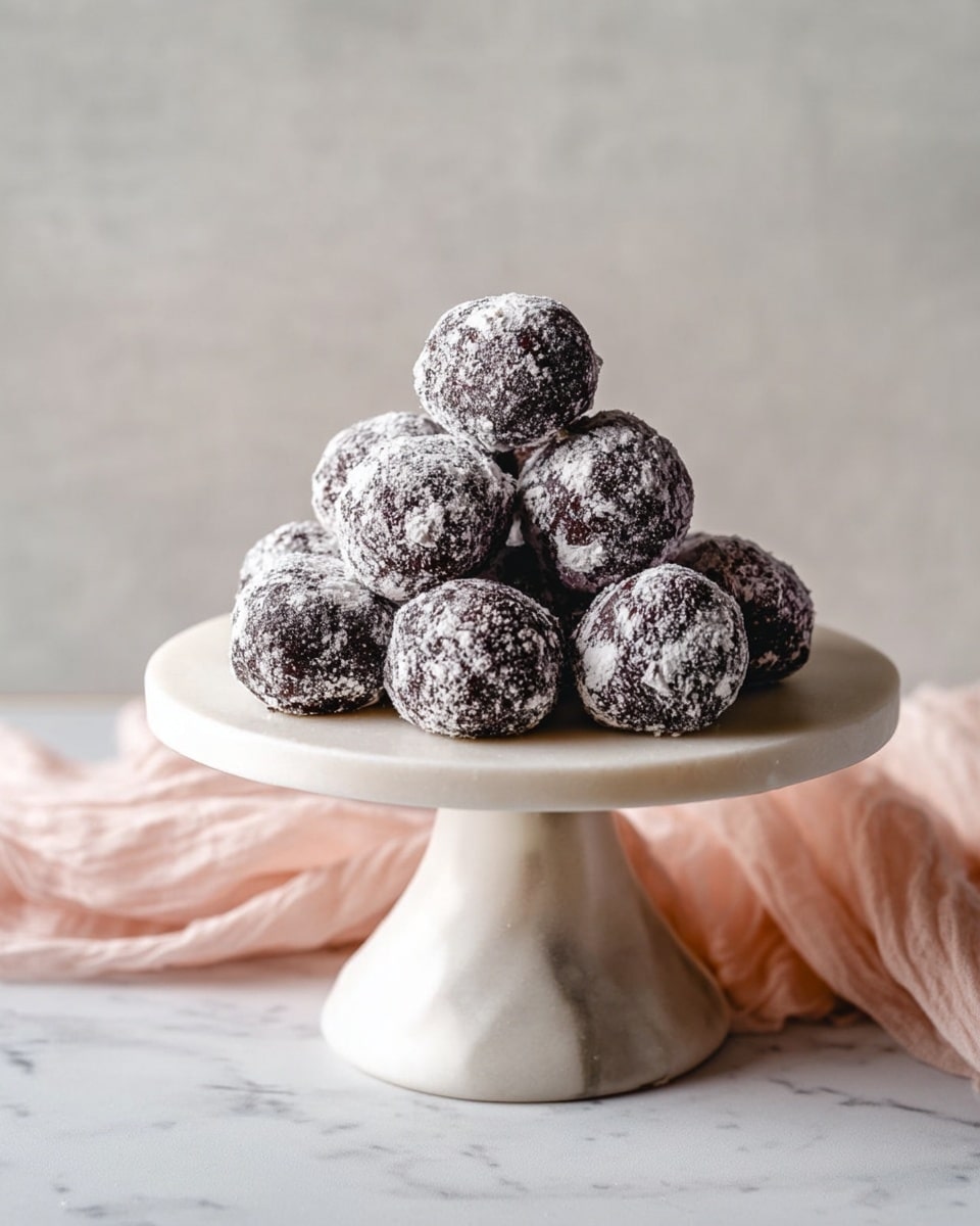 The image shows a small white cake stand placed on a white marbled surface, holding a pile of dark chocolate balls coated unevenly with white powdered sugar, giving a snowy effect. The balls are stacked in a pyramid shape with about three layers, each layer showing the rough texture of the chocolate beneath the light dusting. Behind the stand, there is a soft light pink cloth that adds a gentle touch of color to the otherwise neutral scene. The background is a smooth light gray wall with subtle texture. photo taken with an iphone --ar 4:5 --v 7