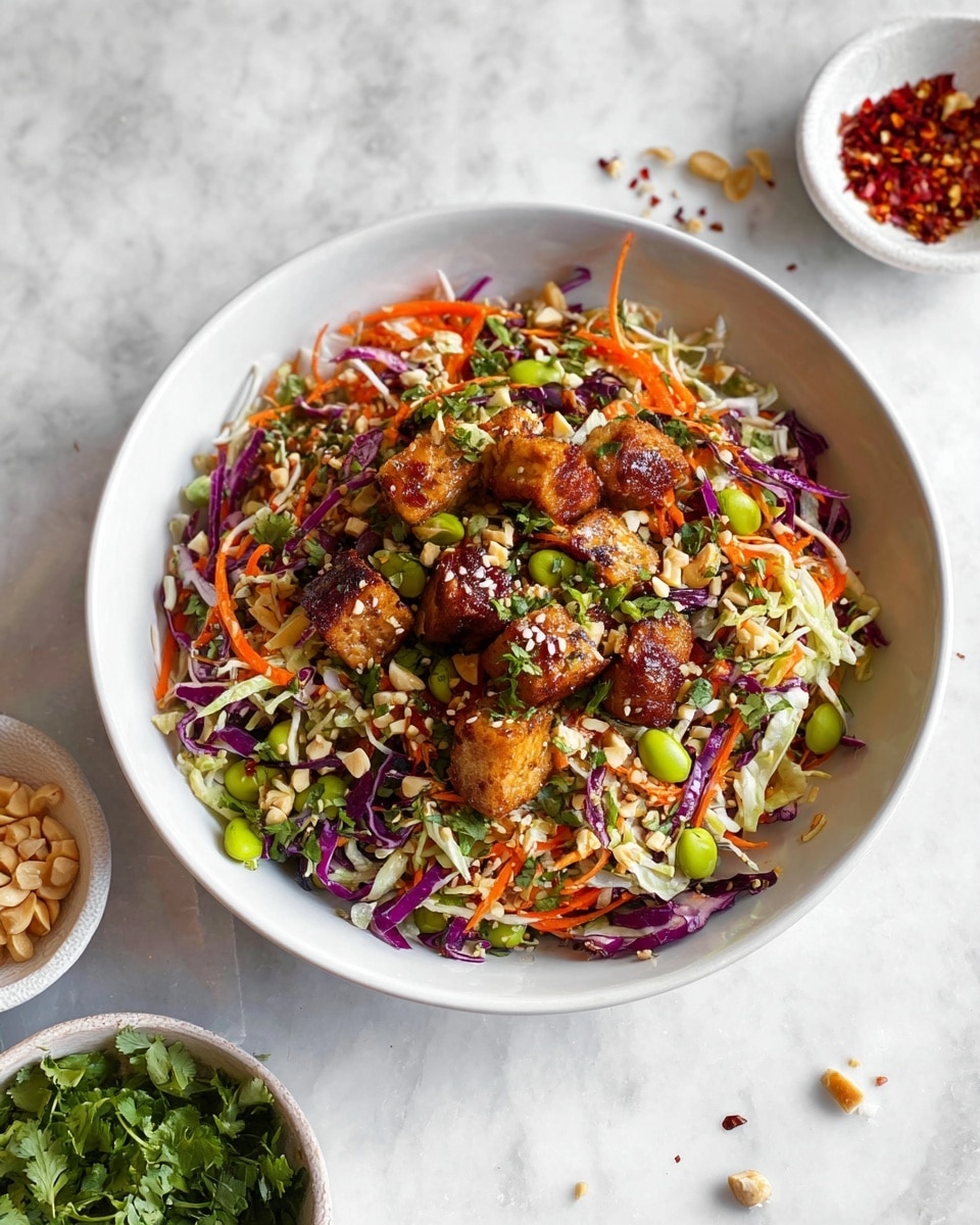 A white bowl filled with a colorful salad sits on a white marbled surface. The salad has multiple layers starting with a base of shredded green and purple cabbage along with thin orange carrot strips. On top, there are golden-brown cooked chunks of tofu or meat, sprinkled with green herbs, light green edamame beans, chopped peanuts, and white sesame seeds. The salad looks fresh and mixed, with red pepper flakes in a small bowl and fresh green herbs in another bowl nearby, adding to the vibrant visual appeal. Photo taken with an iphone --ar 4:5 --v 7