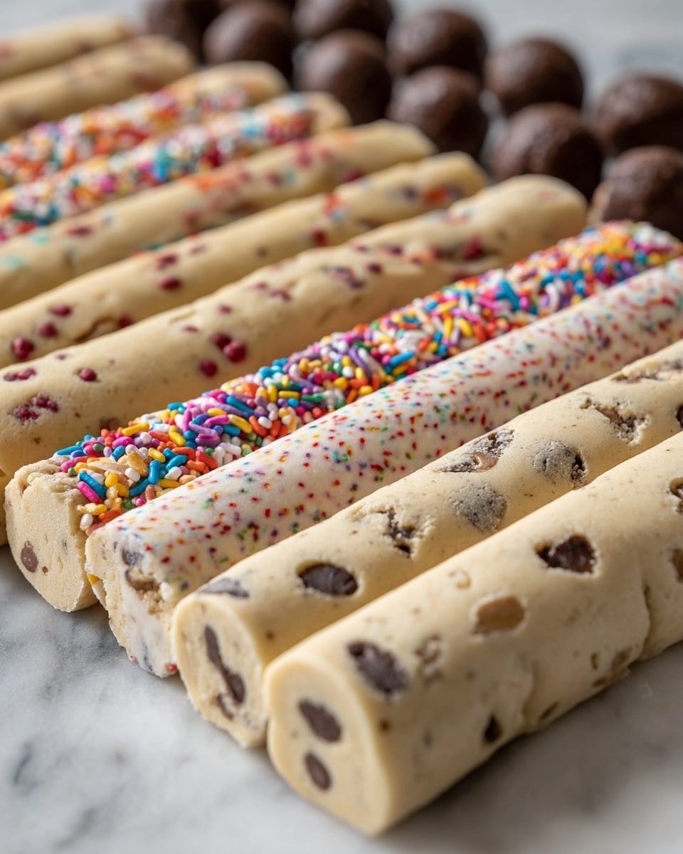 The image shows several rows of cookie dough logs lined up side by side on a white marbled surface, with three visible rows of different flavors. The front row features a pale beige dough with chocolate chips and small bits of nuts mixed in and evenly spaced, while the second row behind it has a similar light dough topped with colorful rainbow sprinkles, giving a bright and festive look. The third row shows logs with a slightly darker beige dough and mostly chocolate chip pieces and fewer sprinkles, creating a subtle contrast. In the far back, a line of dark chocolate cookie dough balls can be seen, providing a rich brown color against the lighter dough logs. photo taken with an iphone --ar 4:5 --v 7
