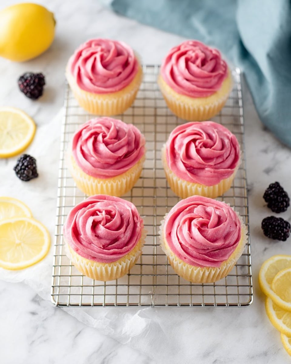 Six cupcakes sit on a silver metal cooling rack over a white cloth, all placed on a white marbled surface. Each cupcake has a light yellow base and is topped with a thick, smooth swirl of bright pink frosting that looks creamy and soft. The pink frosting is shaped into a rosette with clear ridges and curves. Around the rack, there are slices of lemon and a few blackberries adding color contrast, along with a blue cloth in the upper right corner. Photo taken with an iphone --ar 4:5 --v 7