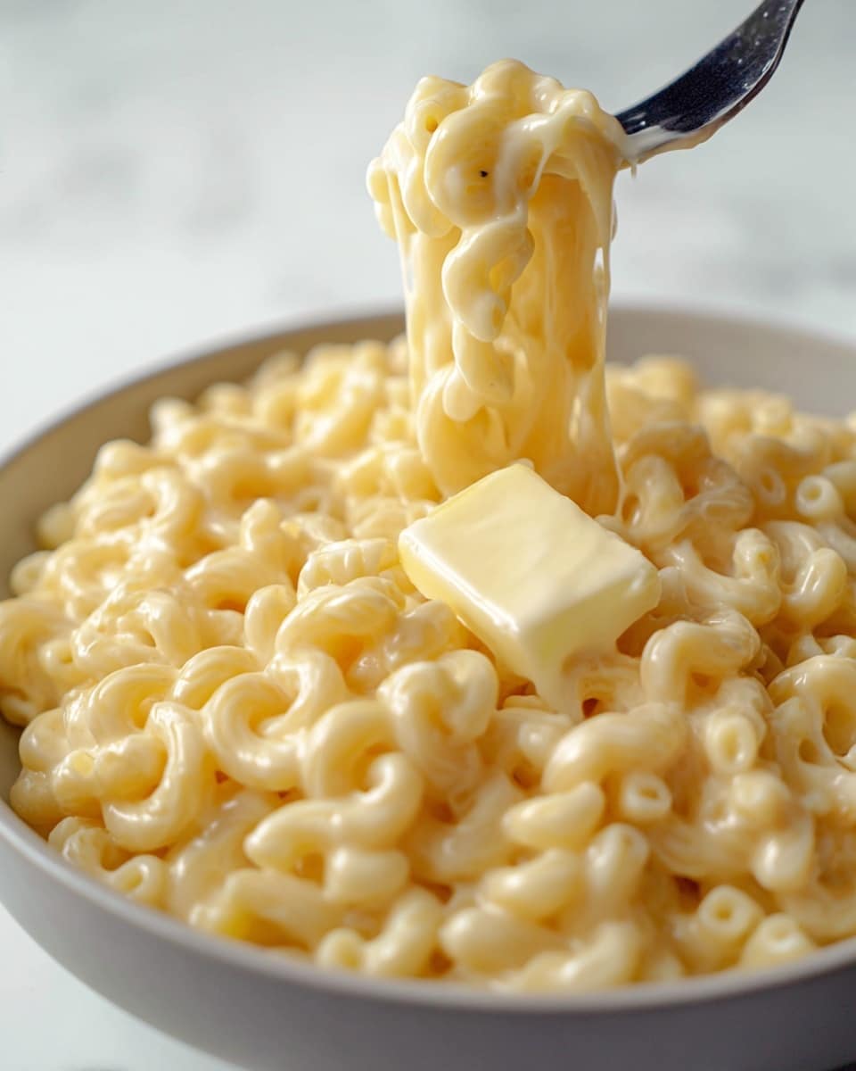 A close-up of creamy macaroni pasta piled in a white bowl, covered in smooth, light yellow cheese sauce. In the center, a small square of butter rests on top of the pasta. A thick forkful of mac and cheese is lifted above the bowl, showing the noodles coated evenly with the glossy sauce. The pasta is soft and has a shiny, rich texture, and the background features a white marbled surface. photo taken with an iphone --ar 4:5 --v 7