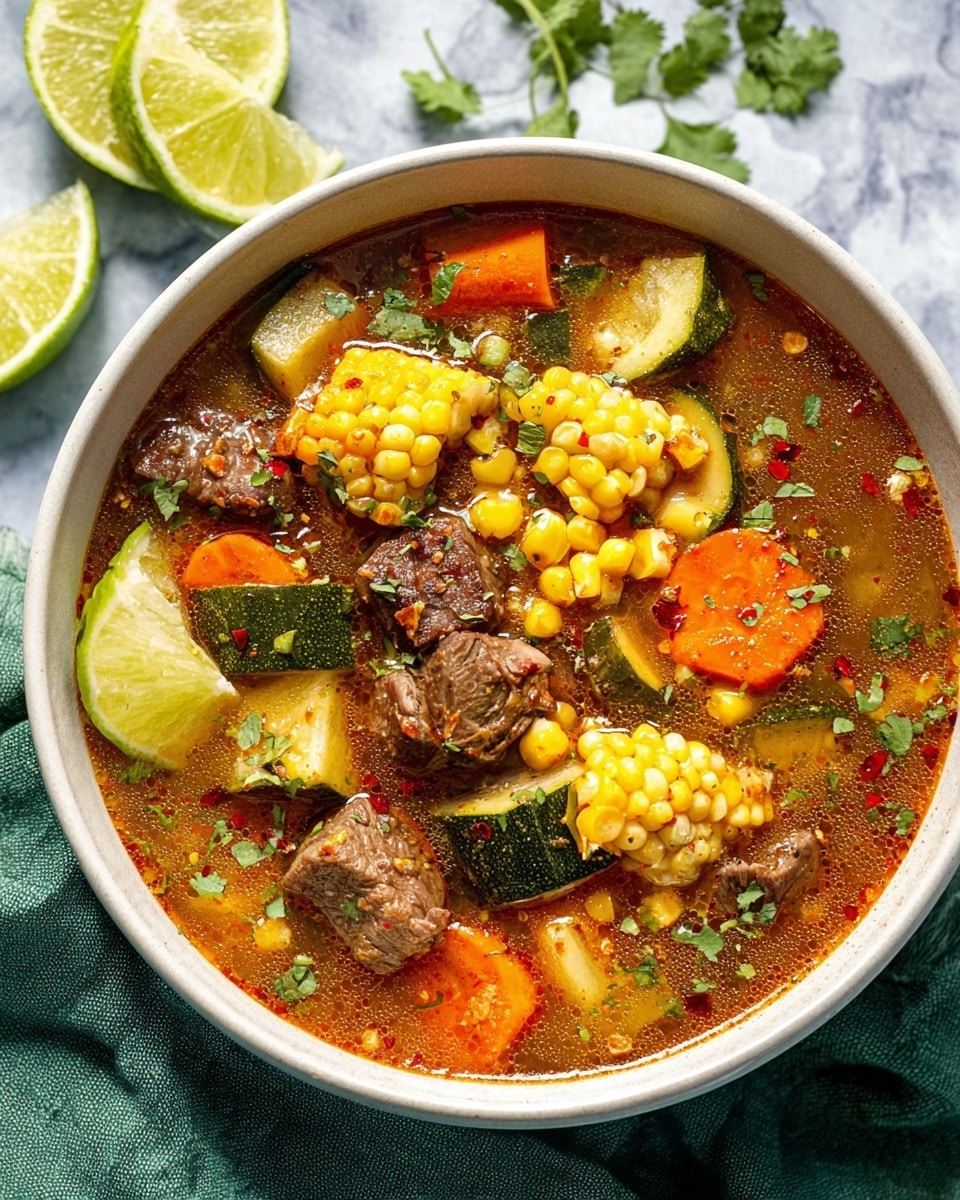 A white bowl filled with a colorful beef stew, showing three layers of chunky ingredients; the top layer has bright yellow corn pieces and lime wedges with fresh green cilantro leaves sprinkled around, the middle layer contains tender brown beef chunks mixed with orange carrot slices and green zucchini pieces, and the bottom layer is a rich, reddish broth full of small vegetable pieces and red pepper flakes spreading in the liquid. The bowl is placed on a white marbled surface next to a green cloth. Photo taken with an iphone --ar 4:5 --v 7