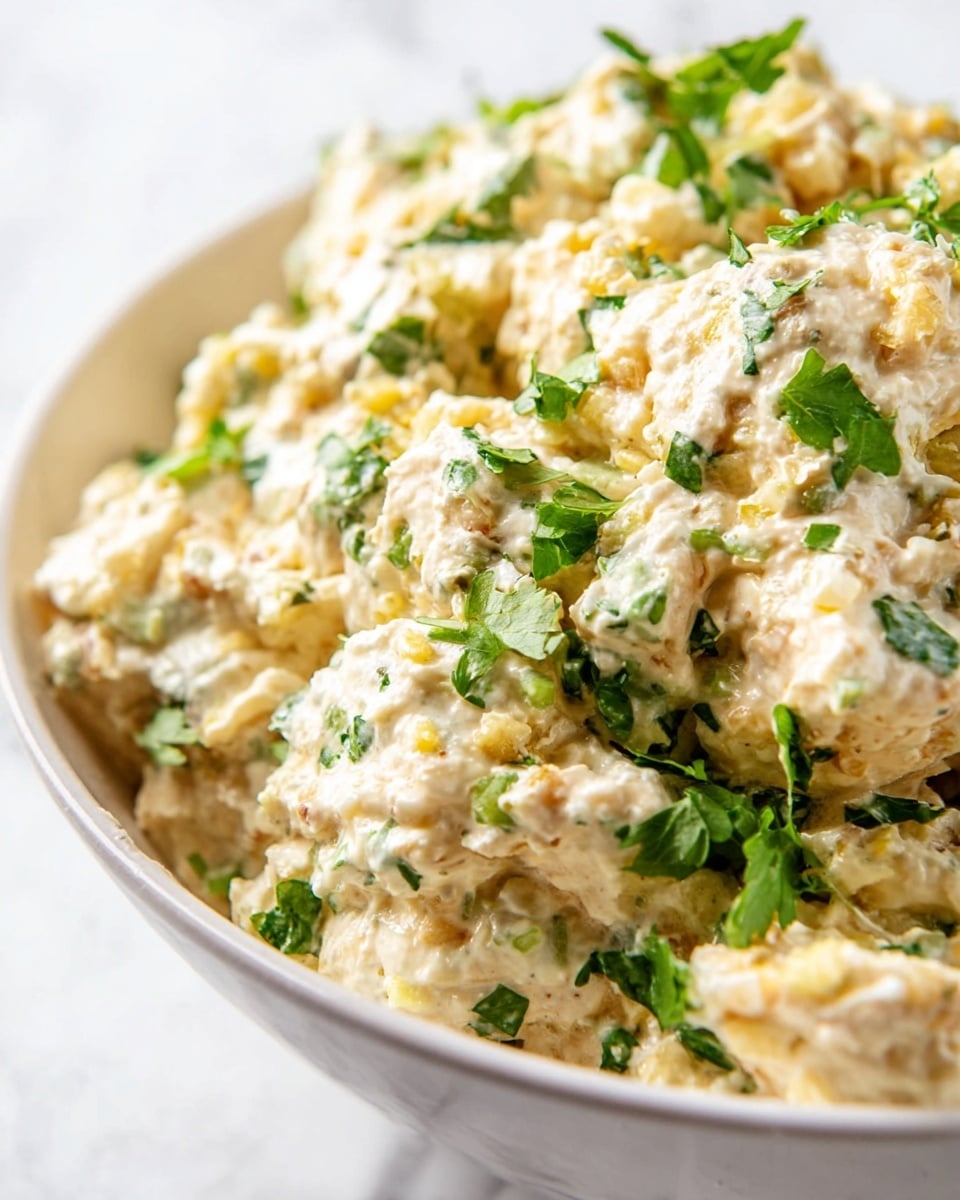 A close-up view of a creamy salad mixture inside a white bowl, showing a chunky texture with small pieces of light beige and pale yellow ingredients combined with bits of fresh green herbs sprinkled throughout. The salad looks soft and moist with a slightly uneven surface, and patches of green leaves add a fresh pop of color on the creamy base. The white bowl has a smooth curved edge and the background is a white marbled texture. photo taken with an iphone --ar 4:5 --v 7