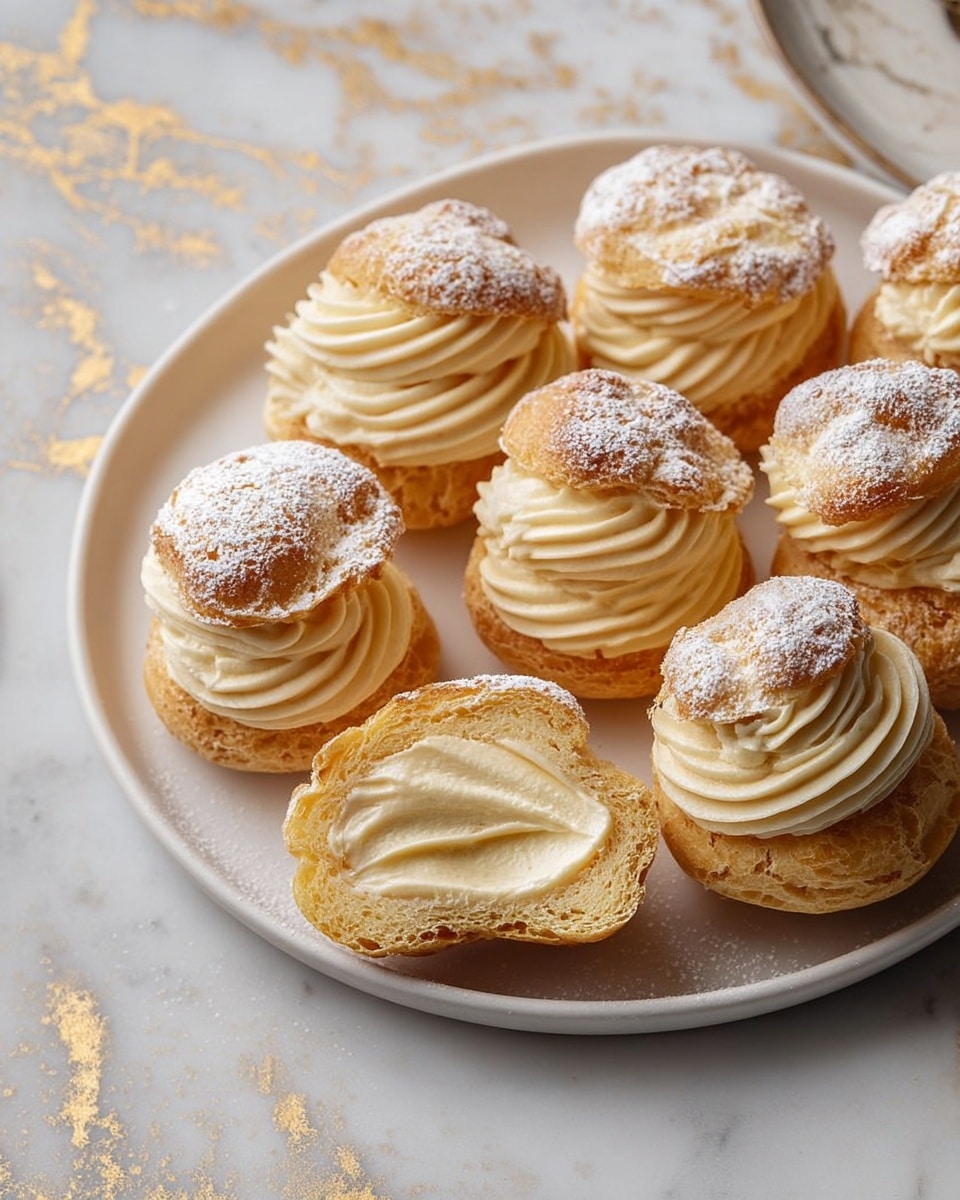 A white plate with small, round cream puffs arranged on it, each puff having two layers: the bottom golden-brown choux pastry and the top swirl of light beige creamy filling dusted with powdered sugar; two cream puffs are cut open to show the smooth, pale cream inside surrounded by the soft pastry shell; the plate sits on a white marbled surface with subtle gold veins. photo taken with an iphone --ar 4:5 --v 7